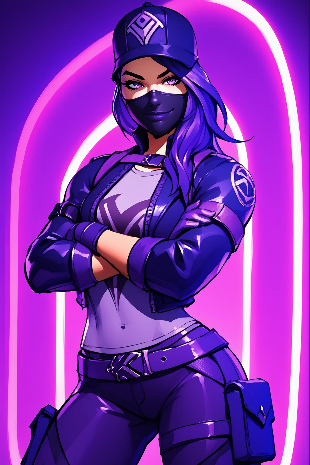 score_9, score_8_up, score_7_up, masterpiece, high quality
<lora:RubyRemedyToxinPonyLora:0.7>purprem, long hair, purple hair, hat, mouth mask, jacket, shirt, armlet, gloves, belt, pants, thigh holster, portrait, in a dark club, neon lights, smirk, purple theme, crossed arms
<lora:Michael TurnerStylePonyLyco:1> mtms