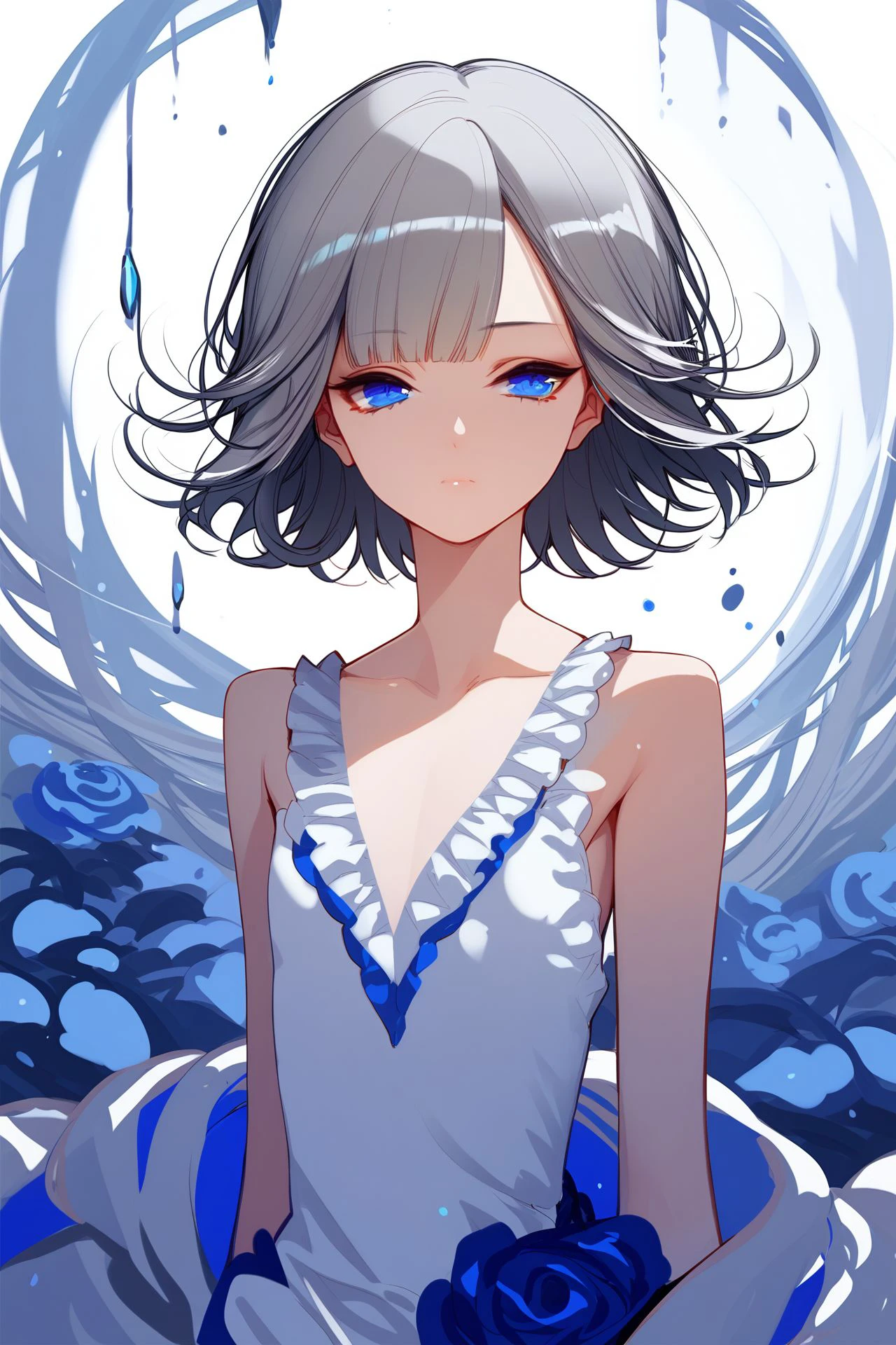 1girl in,stream,a smile,Double bun,Hollow eyes,Collared dress,White dress white themed hair,