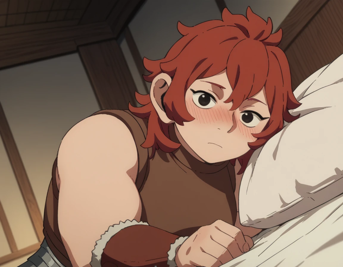 score_9, score_8_up, score_7_up, source_anime,
namari, <lora:namari-s1-ponyxl-lora-nochekaiser:1>,
namari, hair between eyes, red hair, black eyes, medium hair,
sleeveless, armor, turtleneck,
indoors, bed, bed room, on side, blush, drunk,
looking at viewer, solo, cowboy shot, dutch angle,