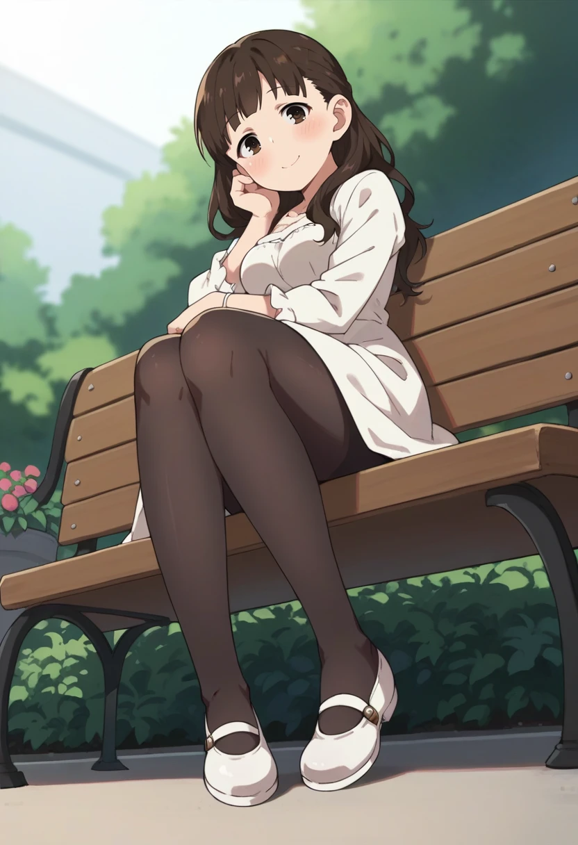 score_9, score_8_up, score_8, source_anime, 1girl, <lora:MarinaSugisaki:0.85> , solo, brown eyes, brown hair, long hair, white dress, black pantyhose, breasts, blush, smile, looking at viewer, full body, view from below, sitting on bench, 
garden background, blurry background,