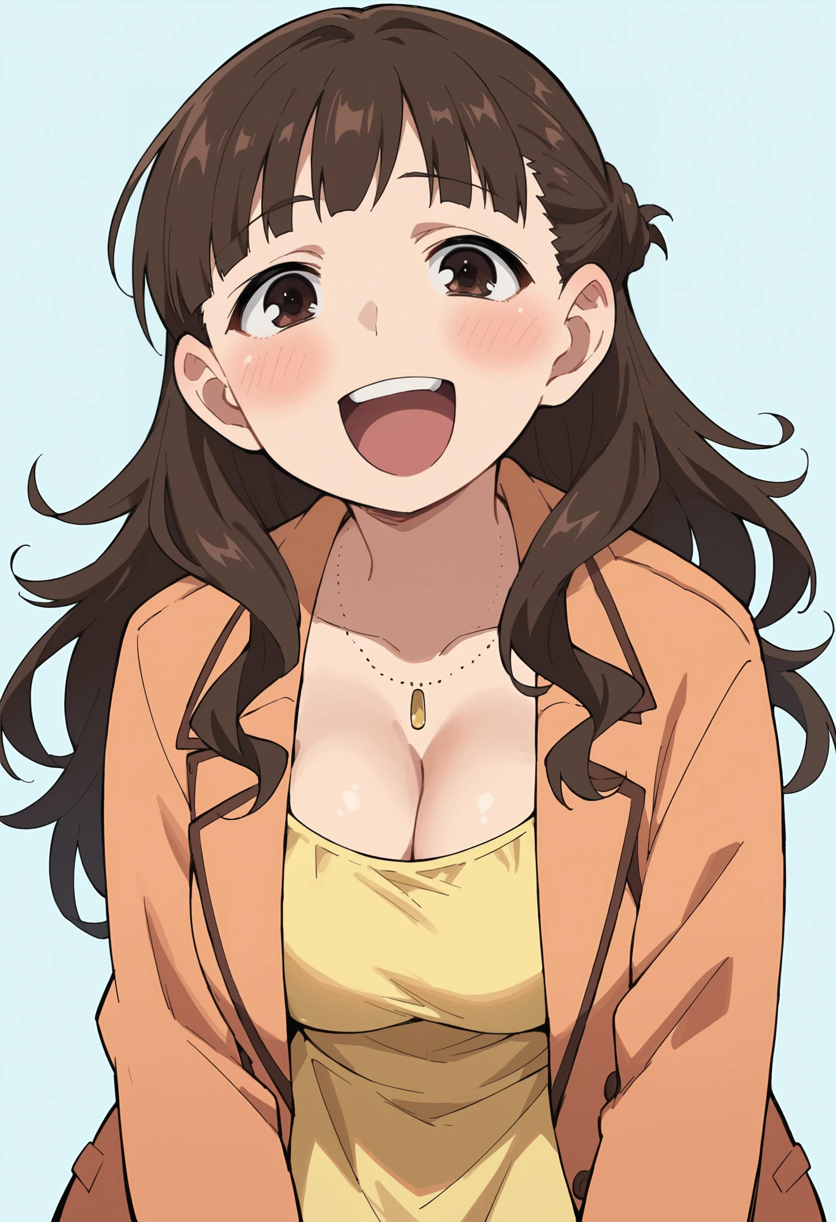 score_9, score_8_up, score_8, source_anime, 1girl, <lora:MarinaSugisaki:0.85> , solo, brown eyes, brown hair, long hair, yellow dress, light red jacket, jewelry, cleavage, breasts, blush, laugh, looking at viewer,
light blue background, simple background,