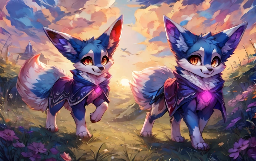 <lora:Nox_Palworld>,nox (pal),feral,,(suika-x, ),orange eyes,chest_crystal,capelet,periwinkle fur,wide shot,In a field at dusk running,