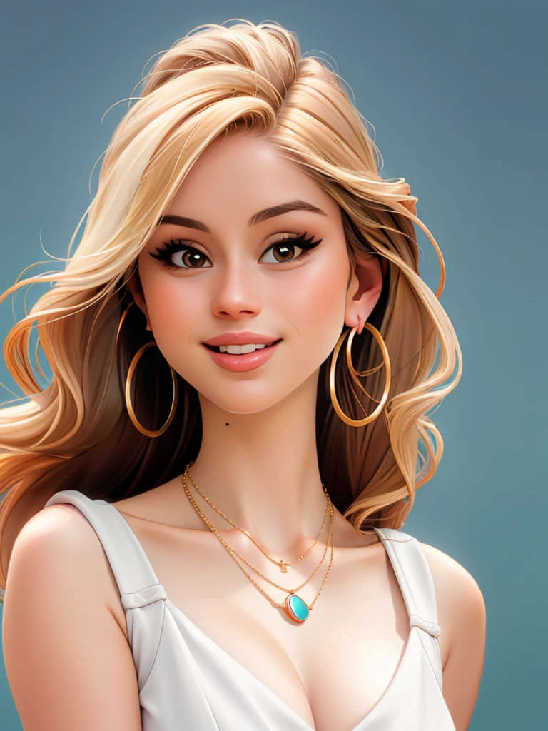 Realistic photo of a beautiful 3r1nm0 woman, 1girl, solo, long hair, looking at viewer, smile, blonde hair, simple background, brown eyes, jewelry, earrings, necklace, lips, eyelashes, blue background, portrait, hoop earrings, realistic, soft lighting, professional Photography, Photorealistic, detailed, RAW, analog, sharp focus, 8k, HD, DSLR, high quality, Fujifilm XT3, film grain, award winning, masterpiece<lora:3r1nm0:1.0>