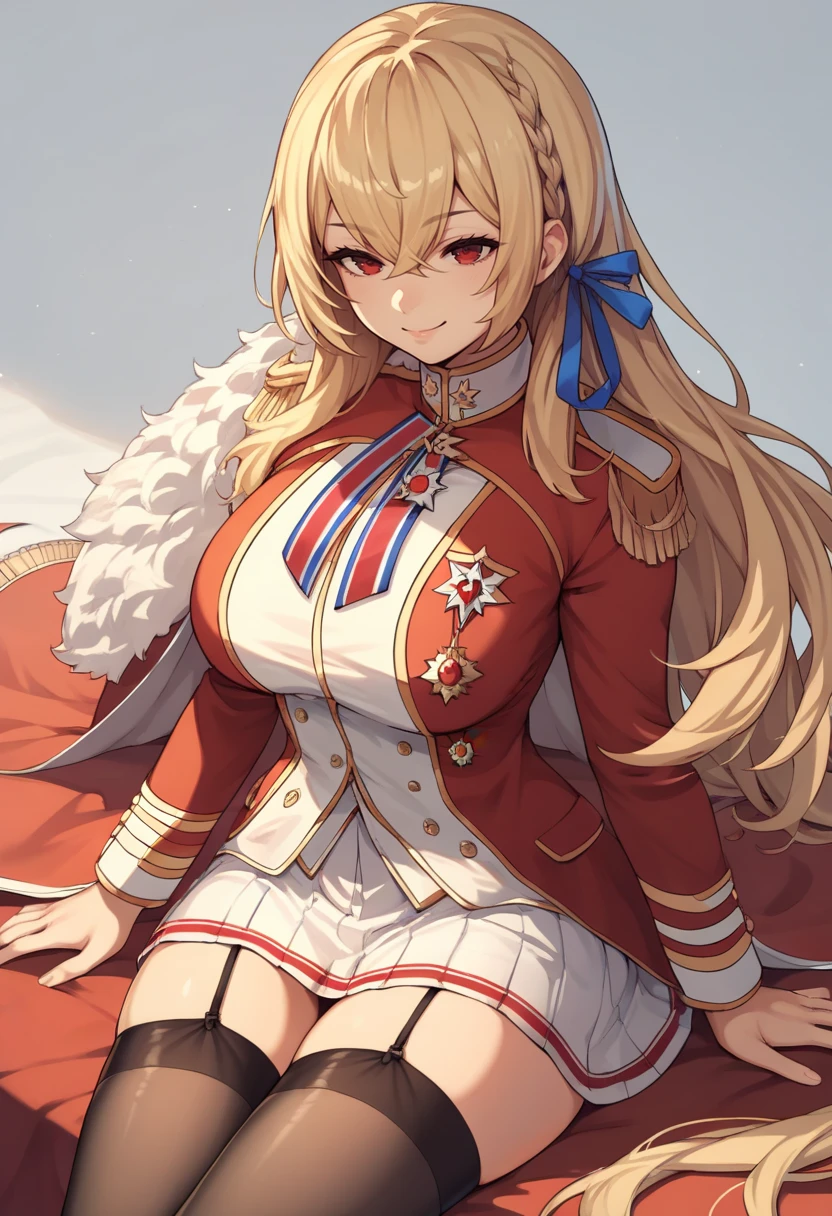 score_9, score_8_up, score_7_up, source_anime, mlkgv, blonde hair, blue ribbon. dress uniform, fur-trimmed cape, hair between eyes, large breasts, long hair, medal, red eyes, striped ribbon, white skirt, epaulettes, garter straps, black thighhighs, <lora:kgv-8:0.8>, smile