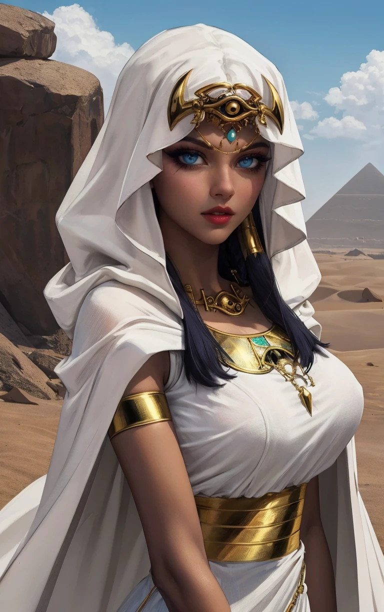 ANIME_YuGiOh_IshizuIshtar_ownwaifu,
1girl,  dark skin, dark-skinned female, blue eyes, black hair, long hair, breasts, collarbone, medium breasts, lips, lipstick, makeup,
eye of horus, jewelry, egyptian, hood, dress, necklace, bracelet, armlet, cape, egyptian clothes, crown, ankh, white dress, hair tubes, cleavage, cloak, eyeshadow, forehead jewel,
<lora:ANIME_YuGiOh_IshizuIshtar_ownwaifu:1> 
((masterpiece)),((best quality)),(highres, absurdres), original, official_art, egyptian art, outdoors, day, desert, pyramid \(structure\),