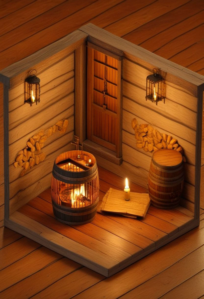 iszsks, no humans, candle, barrel, window, wooden floor, book, indoors, treasure chest, door, birdcage, fire, no humans, isometric view, cutaway, diorama, isometric cutaway, masterpiece, best quality