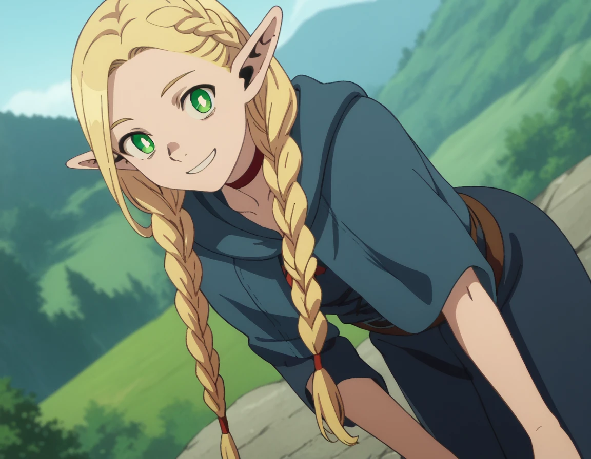 score_9, score_8_up, score_7_up, source_anime,
marcilledonato, <lora:marcille-donato-s1-ponyxl-lora-nochekaiser:1>,
marcille donato, long hair, blonde hair, green eyes, braid, pointy ears, twin braids, elf, bright pupils, parted bangs,
choker, robe, red choker,
outdoors, landscape, bent over, smile,
looking at viewer, solo, cowboy shot, dutch angle,