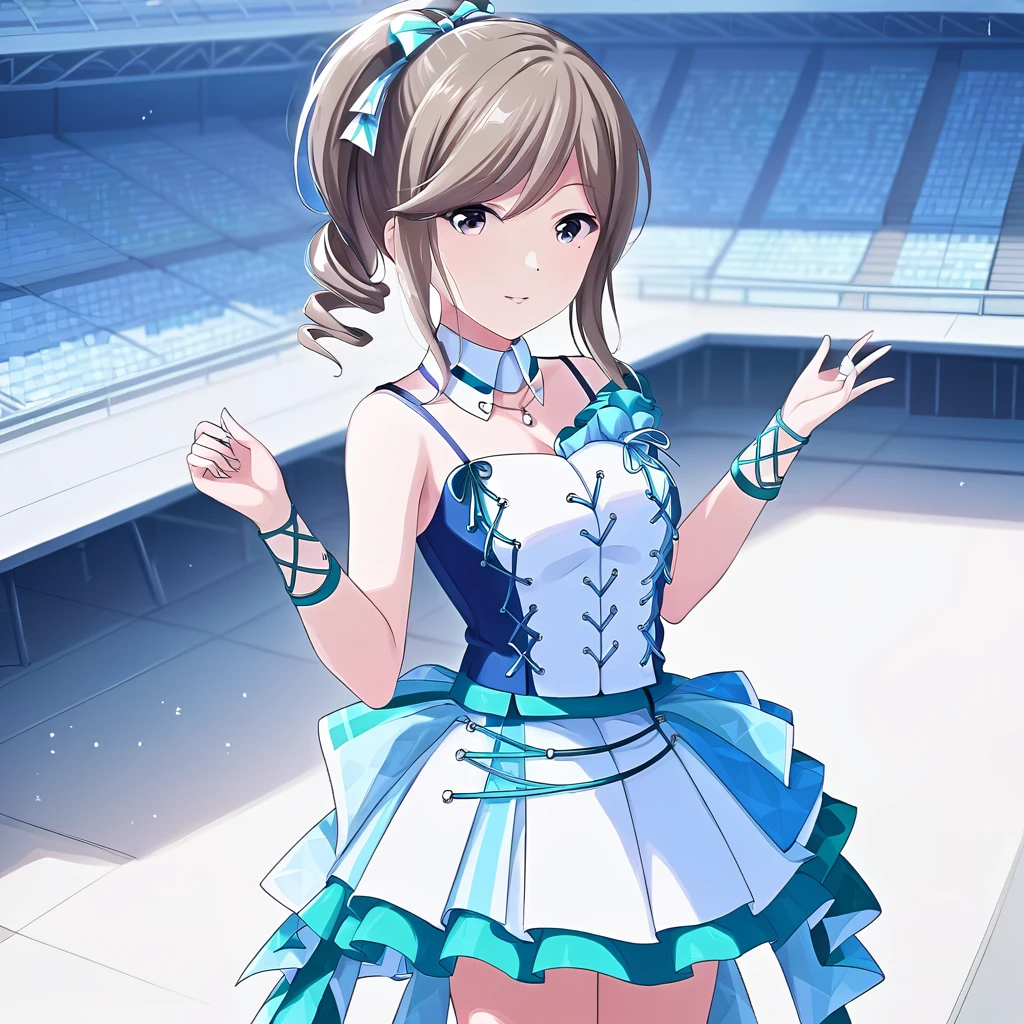 [high quality, best quality],[cinematic],shiraishi,1girl,solo,shi idol costume,smile,idol high heel boots,hair bow,standing,outdoor,<lora:shiraishi5:0.75>,