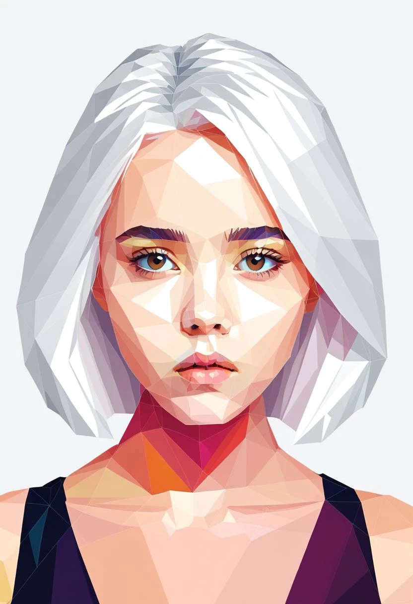 lwpztxxs, solo, 1girl, portrait, looking at viewer, simple background, parted lips, white hair, white background, prismatic, low poly, vector art, geometric, vector illustration, flat colors