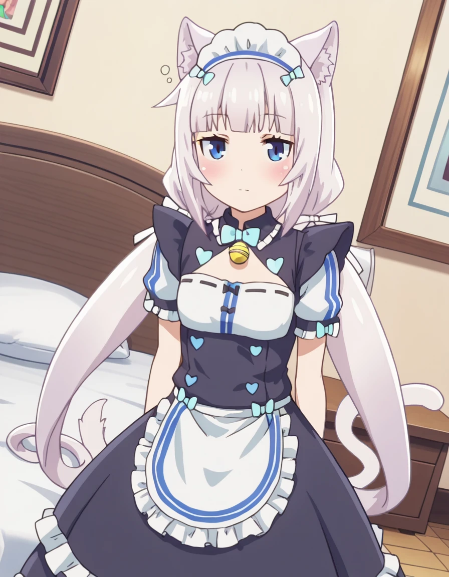 score_9, score_8_up, score_7_up, source_anime,
nekoparavanilla, <lora:nekopara-vanilla-s1-ponyxl-lora-nochekaiser:1>,
vanilla, long hair, bangs, blue eyes, animal ears, twintails, very long hair, white hair, cat ears, blunt bangs, animal ear fluff, low twintails, cat girl,
dress, bow, tail, short sleeves, frills, bowtie, apron, cat tail, maid, maid headdress, bell, cat girl, waist apron, jingle bell, neck bell, waitress,
indoors, bed, bed room, on side, blush, drunk,
looking at viewer, solo, cowboy shot, dutch angle,