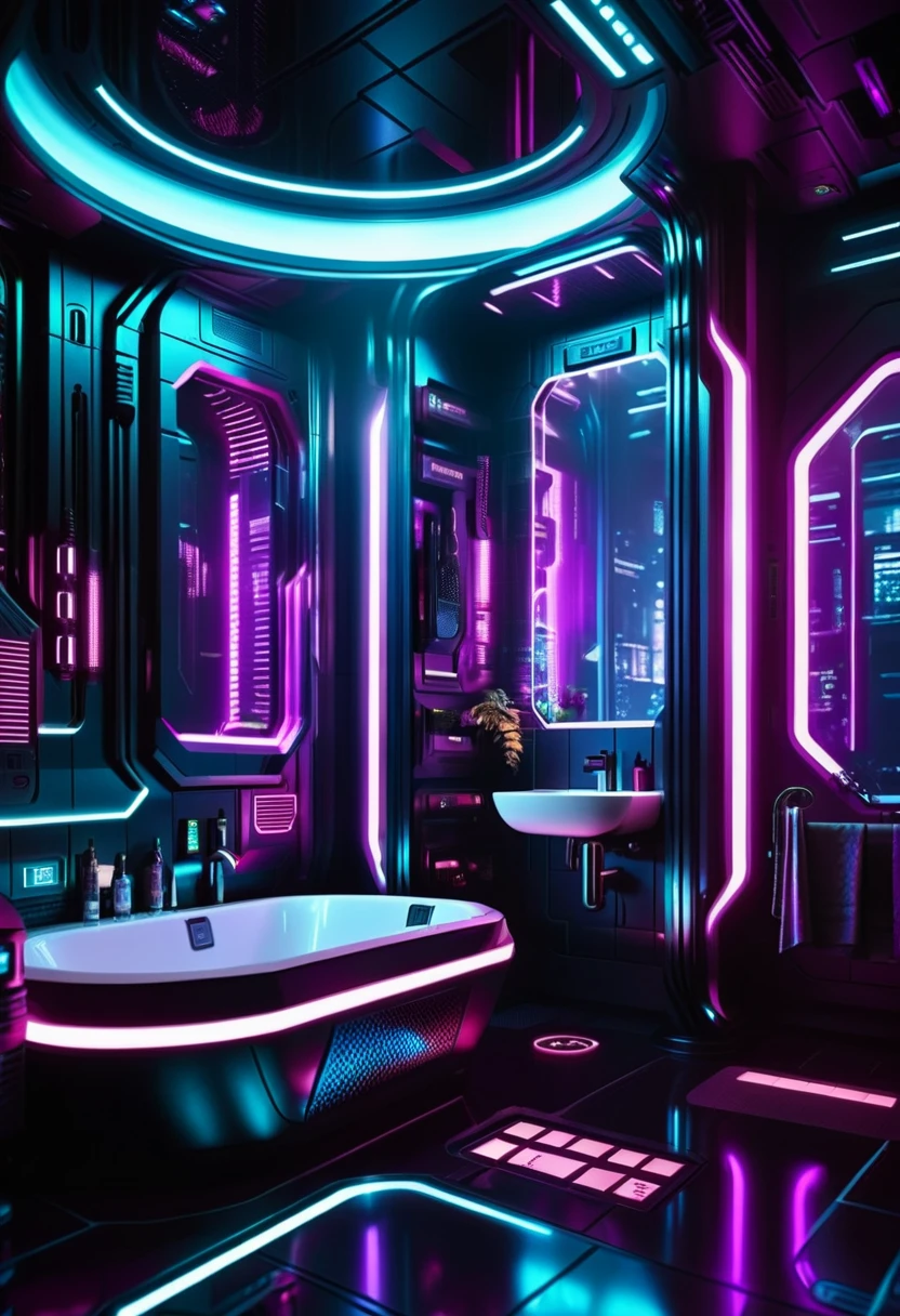 cinematic photo Cyberpunk Environments, interiors, futuristic interior design, home, bathroom, 35mm photograph, film, bokeh, professional, 4k, highly detailed,