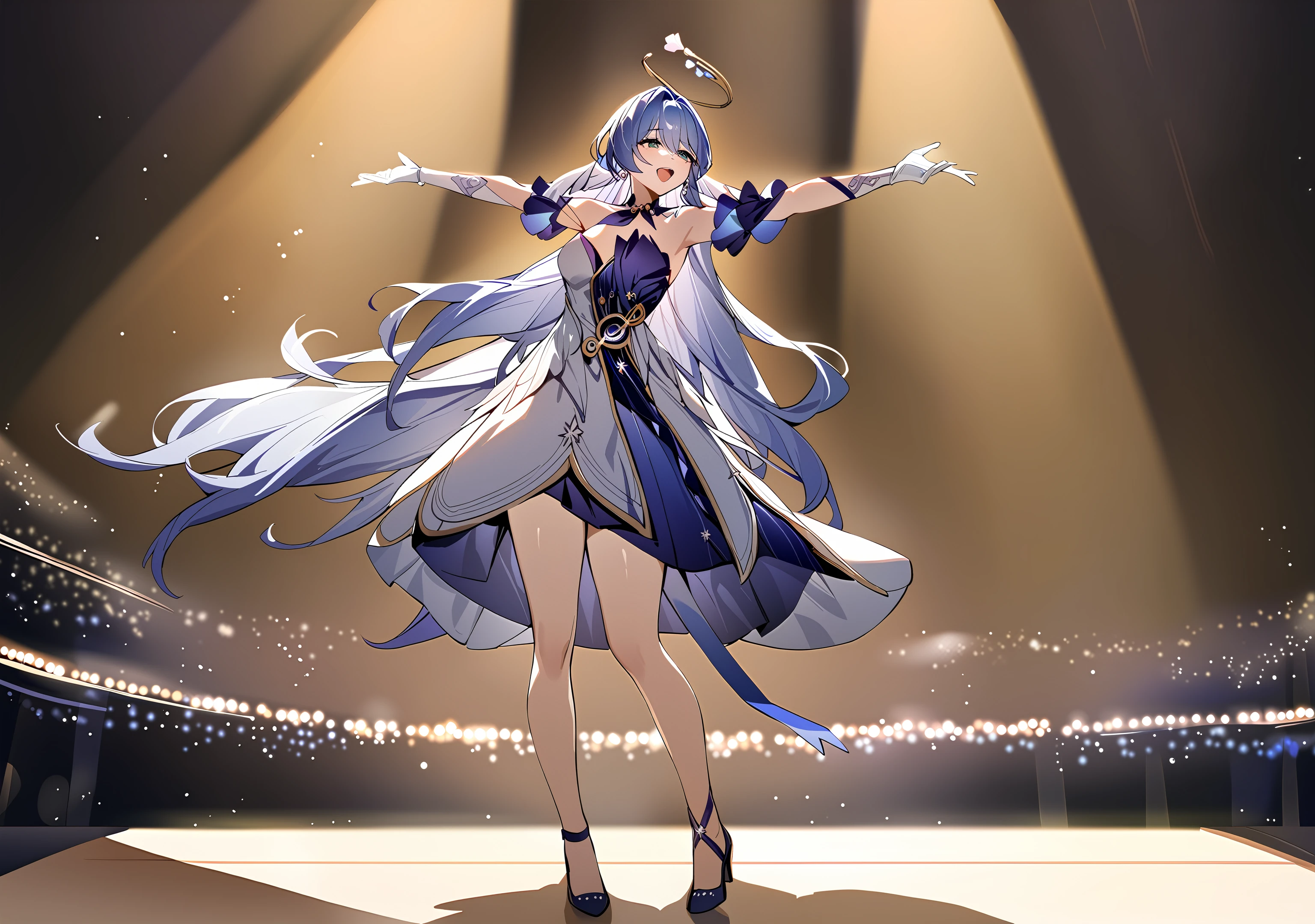 ((masterpiece,best quality)), 1girl, solo, robin, halo, head wings, white gloves, blue heels, singing, standing in the middle of the stage, spotlight, dark background, outstretched arms, concert, full body, depth of field, <lora:robin-strXL-v1a-000008:0.9>