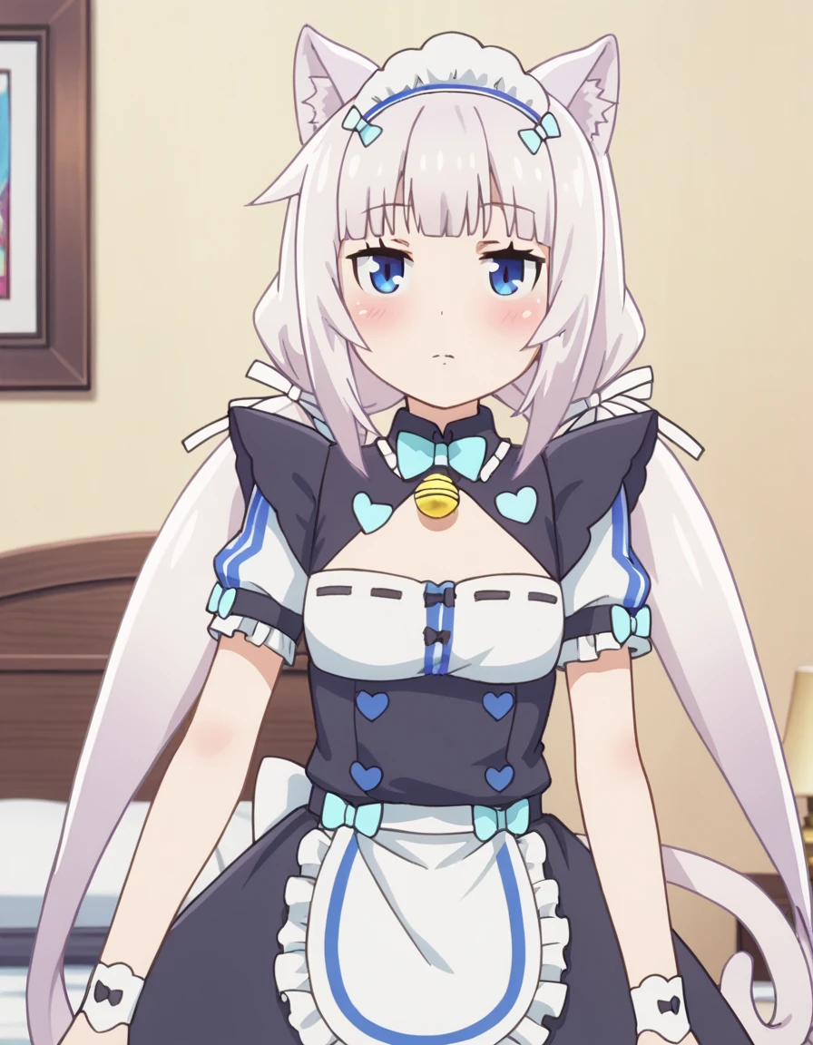 score_9, score_8_up, score_7_up, source_anime,
nekoparavanilla, <lora:nekopara-vanilla-s1-ponyxl-lora-nochekaiser:1>,
vanilla, long hair, bangs, blue eyes, animal ears, twintails, very long hair, white hair, cat ears, blunt bangs, animal ear fluff, low twintails, cat girl,
dress, bow, tail, short sleeves, frills, bowtie, apron, cat tail, maid, maid headdress, bell, cat girl, waist apron, jingle bell, neck bell, waitress,
indoors, bed, bed room, on side, blush, drunk,
looking at viewer, solo, cowboy shot, dutch angle,