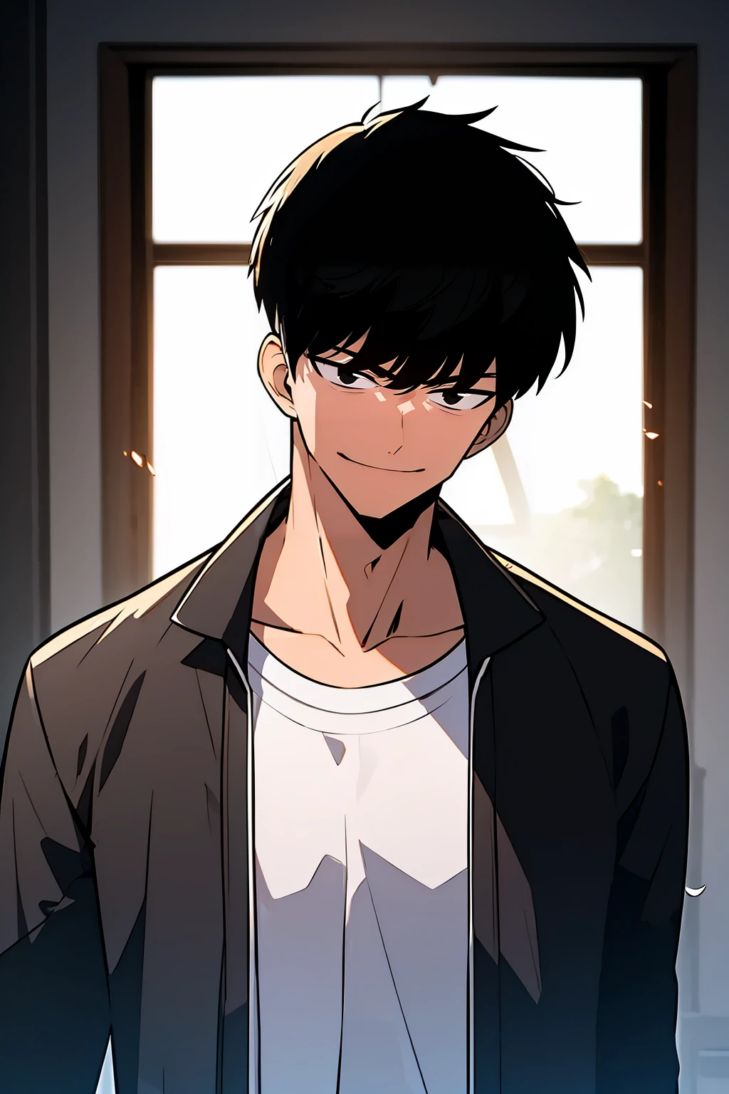 masterpiece, best quality, 1boy, male focus, black hair, solo, shirt, backlighting, white shirt, jacket, black eyes, upper body, smile, open jacket, open clothes, bangs, long sleeves, black jacket, closed mouth, collarbone <lora:Solo_Max-Level_Newbe_Style:0.8>