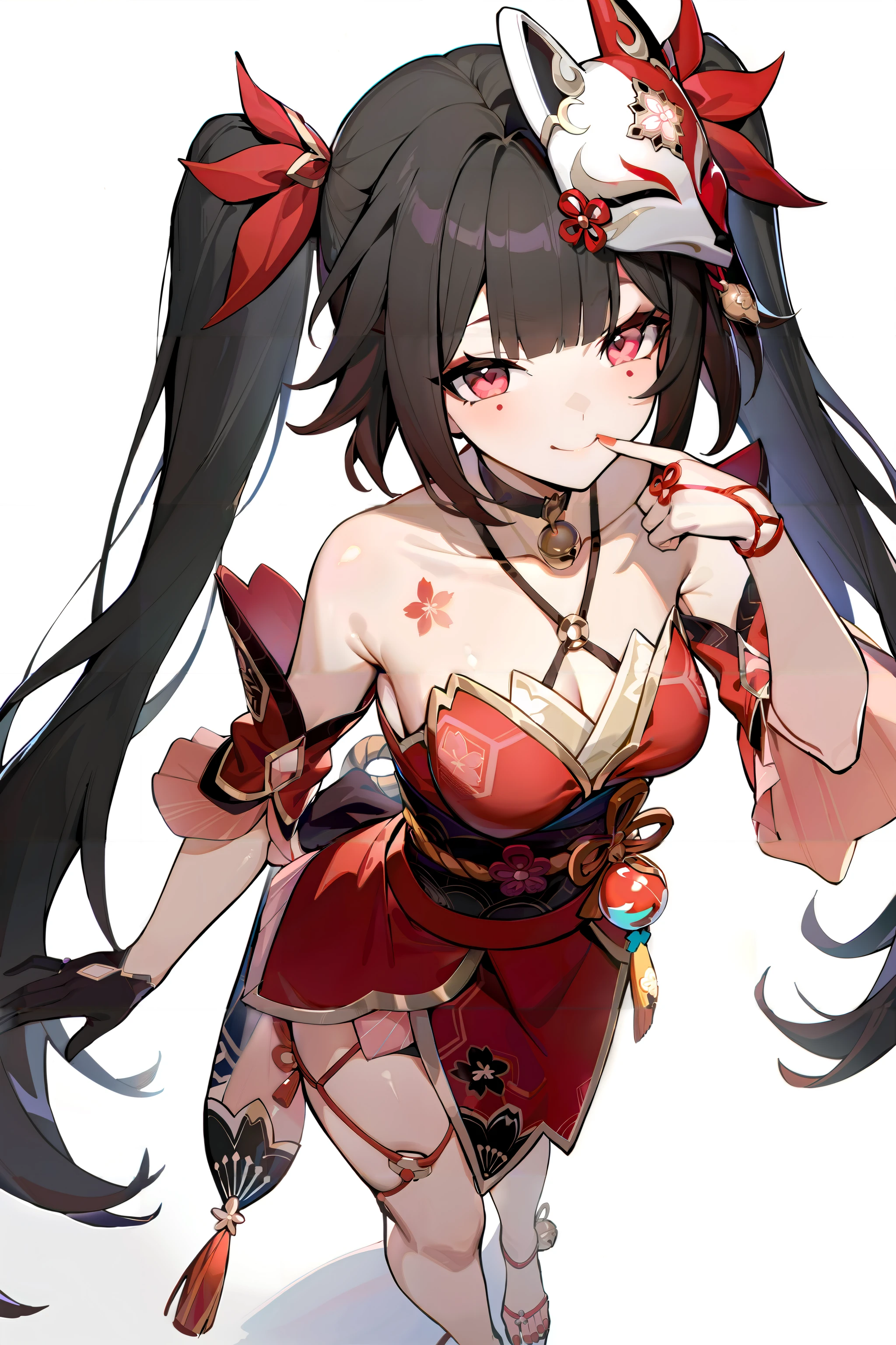 ((masterpiece,best quality)), 1girl, sparklehsr, mask on head, choker, single glove, bracelet, thigh strap, standing, from above, finger to mouth, smile, closed mouth, white background, foreshortening, <lora:sparkle-strXL-v1d-000008:0.9>