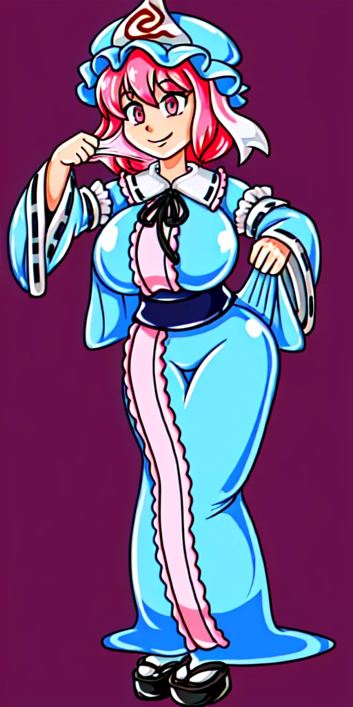 <lora:gumtrap:1> <lora:yuyuko:0.9>,gumtrap,(grabbing,clothes grab,body grab,grabbing own body:1.2), (saigyouji yuyuko:0.9),1girl,hat, pink hair, triangular headpiece, pink eyes, short hair, japanese clothes, wide sleeves, smile, dress, ribbon, tabi, obi, long sleeves, (black background, simple background, full body:1),(gigantic breasts:1)