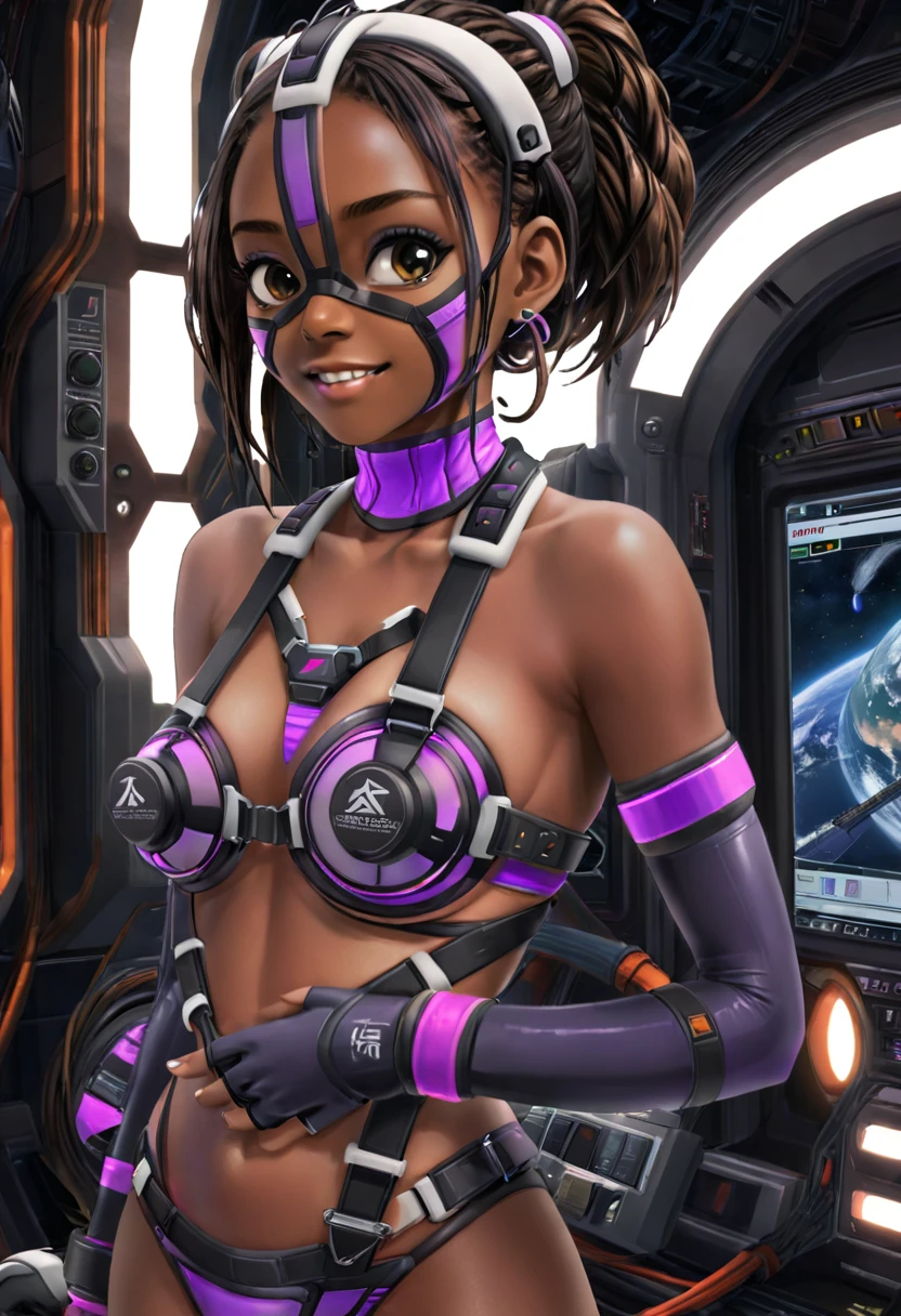 (masterpiece, best quality, ultra_detailed, highres, absurdres:1.2), 1girl, speakini <lora:speakini_xl_v6_purple-000009:0.9> purple theme, shuri, dark skin, dark-skinned female, black hair, single bun, braided hair, teeth necklace, navel, (light smile:0.3), (mask:1.25), bare shoulders, wristbands, dark gray elbow gloves, dark gray thighhighs, fingerless elbow gloves, toeless legwear, underboob, choker, harness, headphones, vibrator, cables, cybernetics, standing, solo, alone, full body view, space station interior, movie still, futuristic, sci-fi, (ultrahigh resolution textures), (volumetric, cinematic, neon) lighting