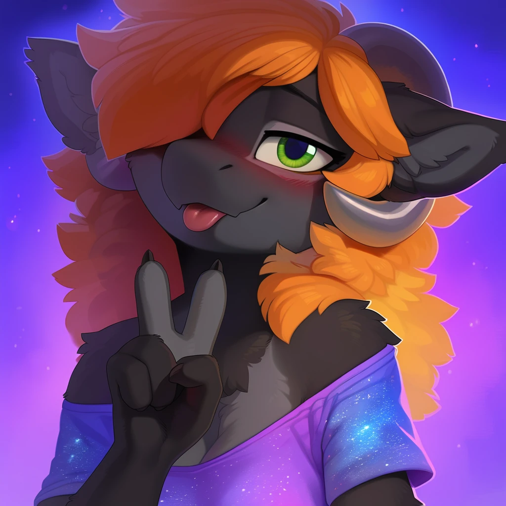 best quality, newest, detailed, beautiful, masterpiece, wickerbeast, the-minuscule-task, hioshiru,snowskau,bust portrait BREAK
female,anthro,grey horn, ears, looking at viewer ,(orange mane:1.2), black fur, orange hair,( green eyes:1.1) , grey horn, black body, grey fur,ears, medium breasts,  looking at viewer, detailed eyes, pupils,solo,pink crop top,wink, blep, tongue, (v sign:1.1), thumb,  clothed, loose clothing,hair over eye, blush, cute fangs, smirk, bare shoulders,short sleeves,sfw,glitter shirt BREAK
nebula background, space background, space theme, blue theme, stars,
<lora:wickerbeast xl 1024 v1 rank128 seaart:1>