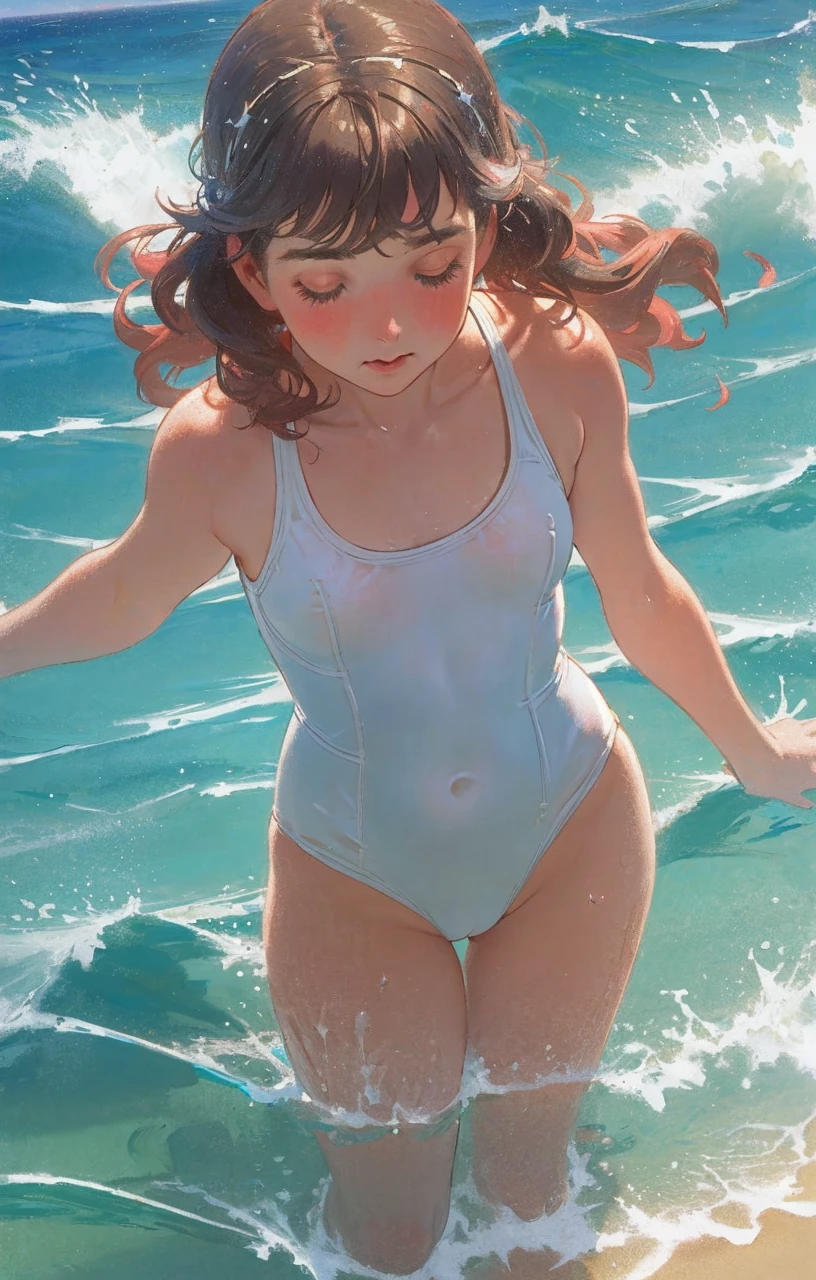 Abbott Fuller Graves,(1girl:1),Strong light,Seaside,kid,White one-piece swimsuit,perspective,Close-up,Look down from above,Coral Reef,Colorful