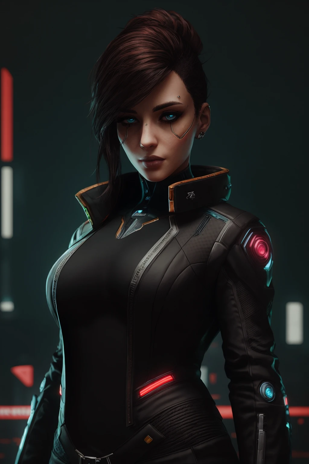 neonpunk style ((Glamour Portrait)),<lora:cyberpunk_2077:1>woman, Femme fatale, Corporate attire, Cybernetic enhancements, Biotech integration, Subtle tech accents, Power suit, Futuristic fashion, Augmented silhouette, Techno-organic fabric, Intriguing details.
Neon-lit streets, tailored suit, cybernetic enhancements, corporate landscape, finesse, determination, ambition, secrets, mega-corporations, efficiency, power, deception, redemption. . cyberpunk, vaporwave, neon, vibes, vibrant, stunningly beautiful, crisp, detailed, sleek, ultramodern, magenta highlights, dark purple shadows, high contrast, cinematic, ultra detailed, intricate, professional