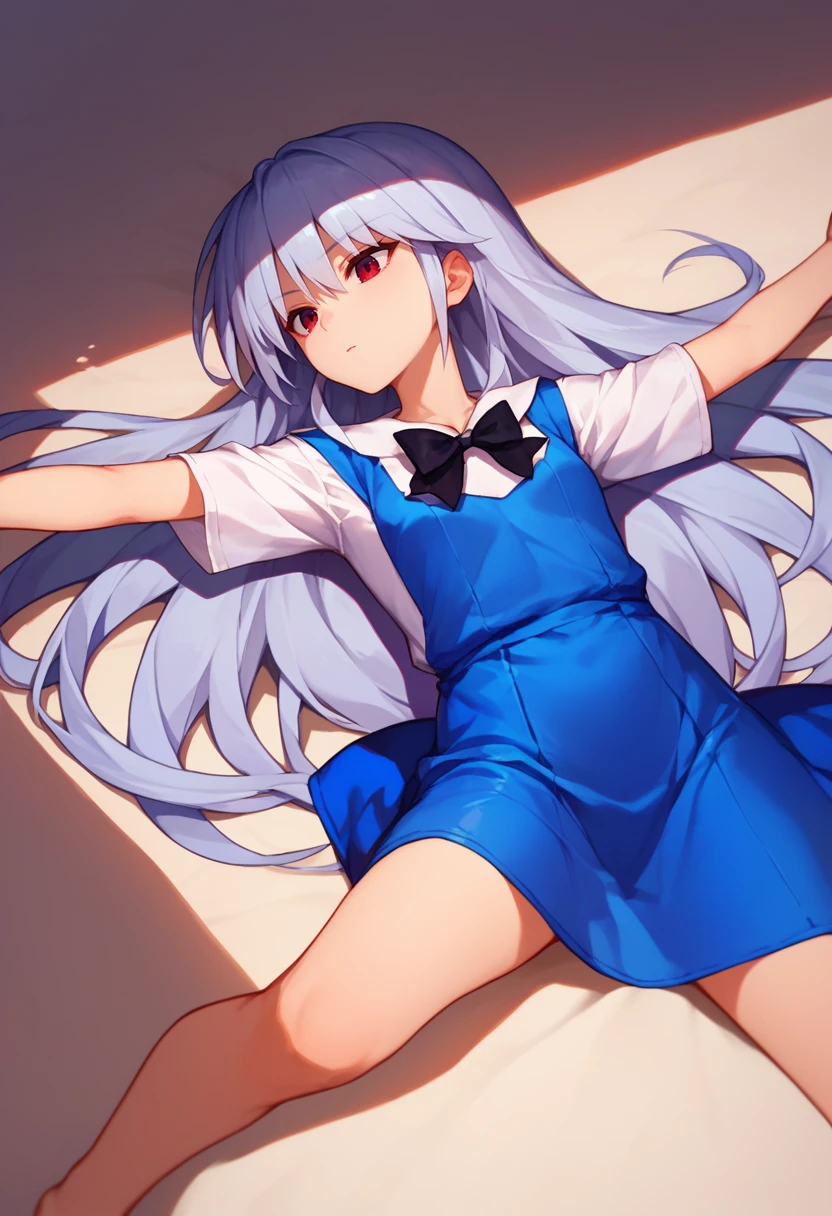 score_9, score_8_up, score_7_up, 1girl, Kazuki, silver hair, long hair, red eyes, white shirt, blue dress, black bow, on back, outstretched arms, <lora:Kazuki Dora V2-000008:1>