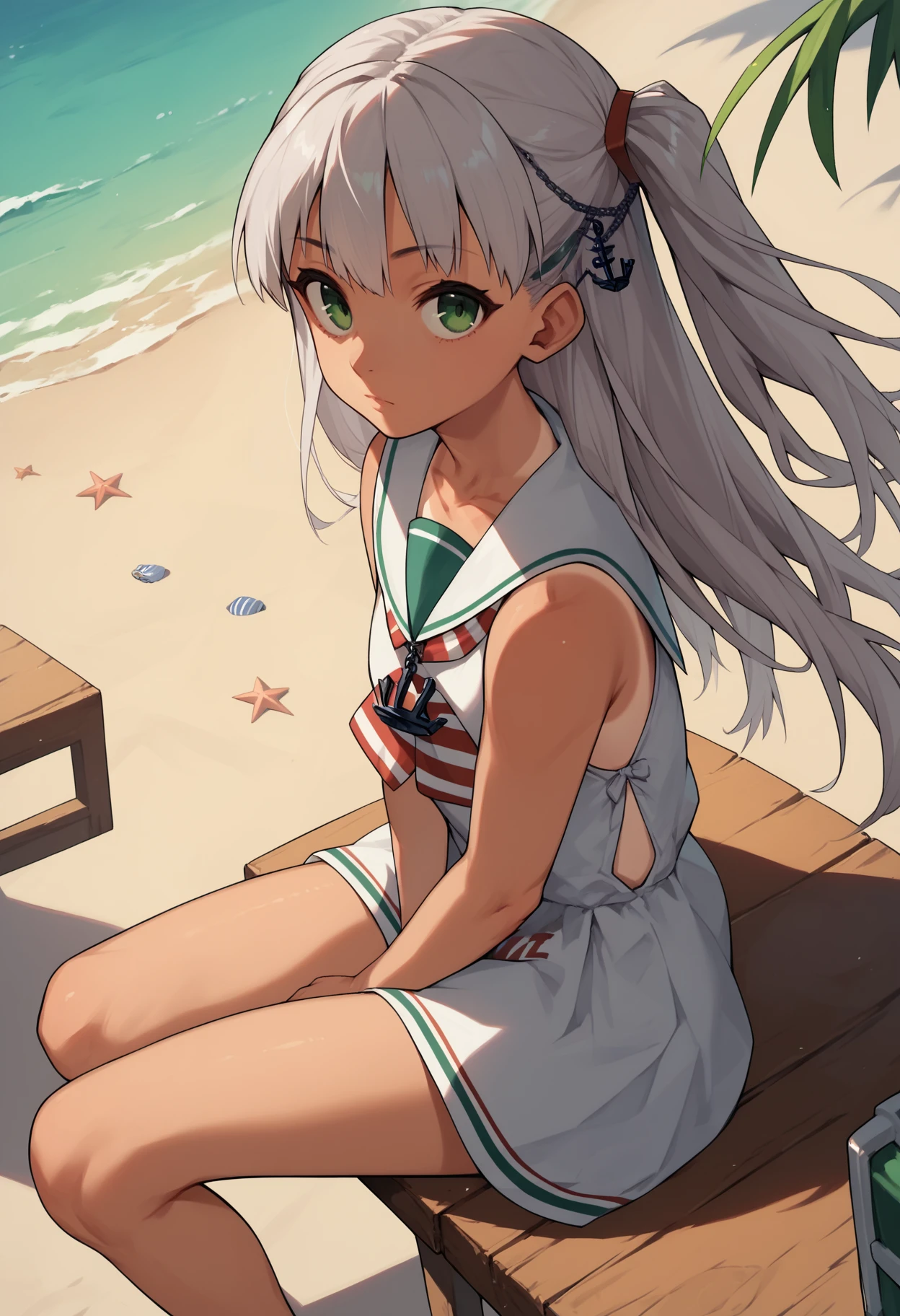 score_9, score_8_up, score_7_up, score_6_up, score_5_up, score_4_up, BREAK, beach, wooden table, sitting, looking at viewer, from side,
<lora:maestralev1-000012:1>, maestralekc, one-piece tan, tanlines, grey hair, one side up, green eyes, long hair, anchor hair ornament, maestralebase, sleeveless dress, clothes writing, neckerchief, white sailor collar, anchor necklace, hair tie,