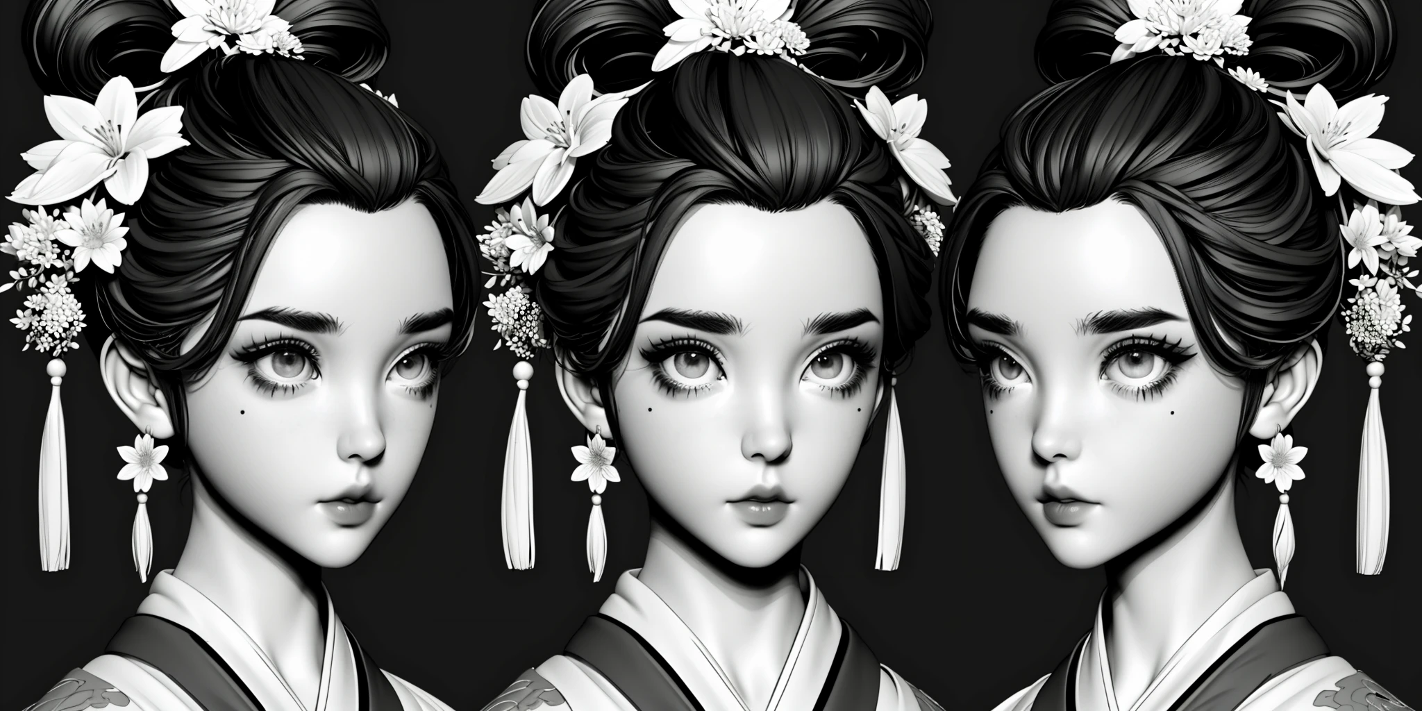 monochrome, HEZI, Three views, modeling, Hair, girl, avatar, hair ornament, mole under eye, mole, greyscale, jewelry, earrings, looking at viewer, 3girls, hair stick, realistic, closed mouth, portrait, grey background, multiple views, flower, variations, simple background, hair flower, chinese clothes, 1girl, expressionless, multiple girls, eyelashes, lips, kanzashi, hair pulled back, nose, short hair, updo, upper body, artist name, forehead, makeup, bangs, tassel, signature, parted lips,<lora:建模头åä¸è§å¾-000008:0.8>,