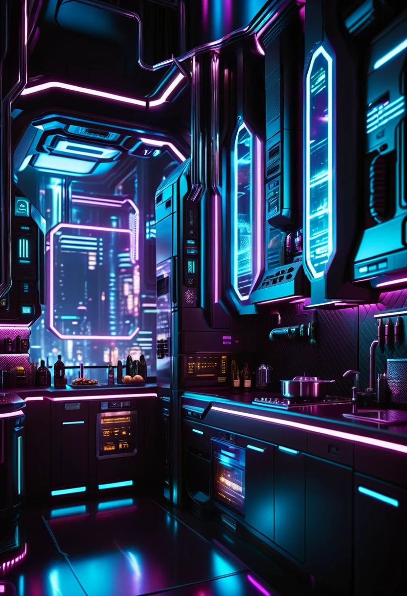 cinematic photo Cyberpunk Environments, interiors, futuristic interior design, home, kitchen, 35mm photograph, film, bokeh, professional, 4k, highly detailed,