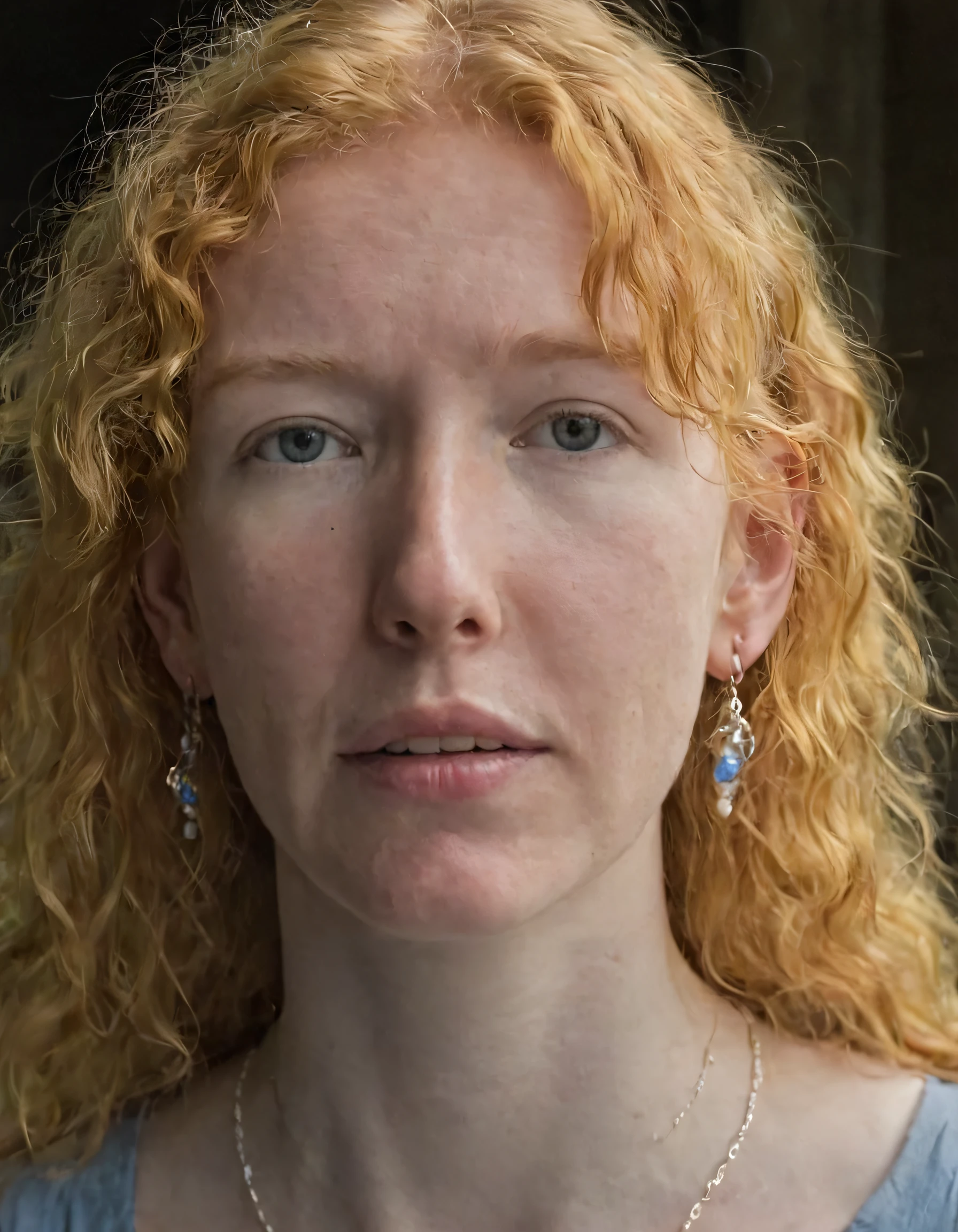 In this enigmatic scene, Femke Quintana stands with her ethereal presence, her radiant blonde locks cascading down, as she looks intently at the viewer; a delicate necklace and elegant earrings glimmer softly under the dim light, while her parted lips seem to whisper secrets, alluringly accentuated by her piercing blue eyes, as she holds onto the weathered streetlamp with a gentle yet confident air. <lora:kisrin18f5ad188e9m3f9:1>