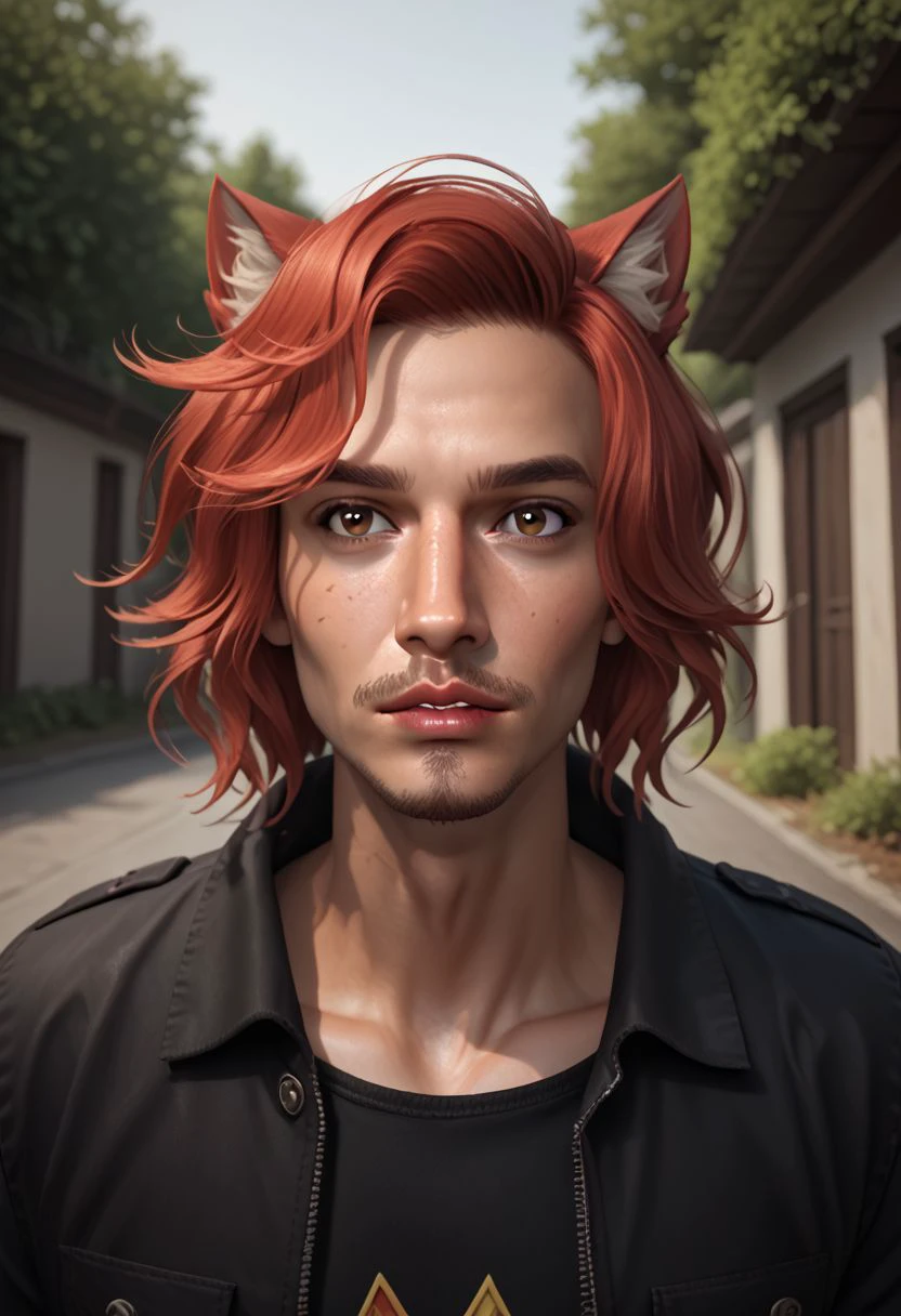 Phoenix Montoya, red hair, brown eyes, animal ear fluff, cat ears, facial hair, stubble, goatee, black shirt, freckles, hispanic, jacket, looking at viewer, male focus, outdoors, parted lips, realistic, shirt, solo, upper body, score_9, score_8_up, score_7_up, score_6_up,