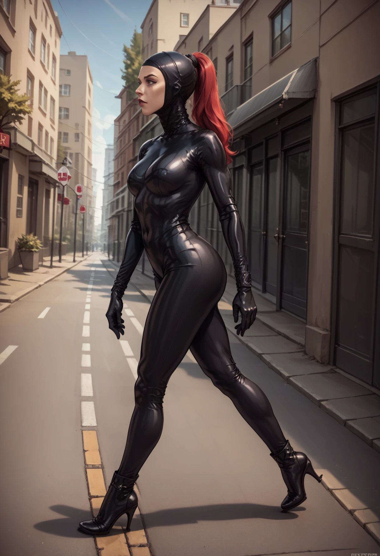 score_9, score_8_up, score_7_up, score_6_up, score_5_up, score_4_up,source_anime, anime, BREAK
<lora:openFacedHoodPony:1.0>,
1girl, solo, woman black catsuit and openFacedHood, , high heels, outside, crossing the street, (crosswalk), sidewalk, running, , from the side, red ponytailHair,full body ,abbey road