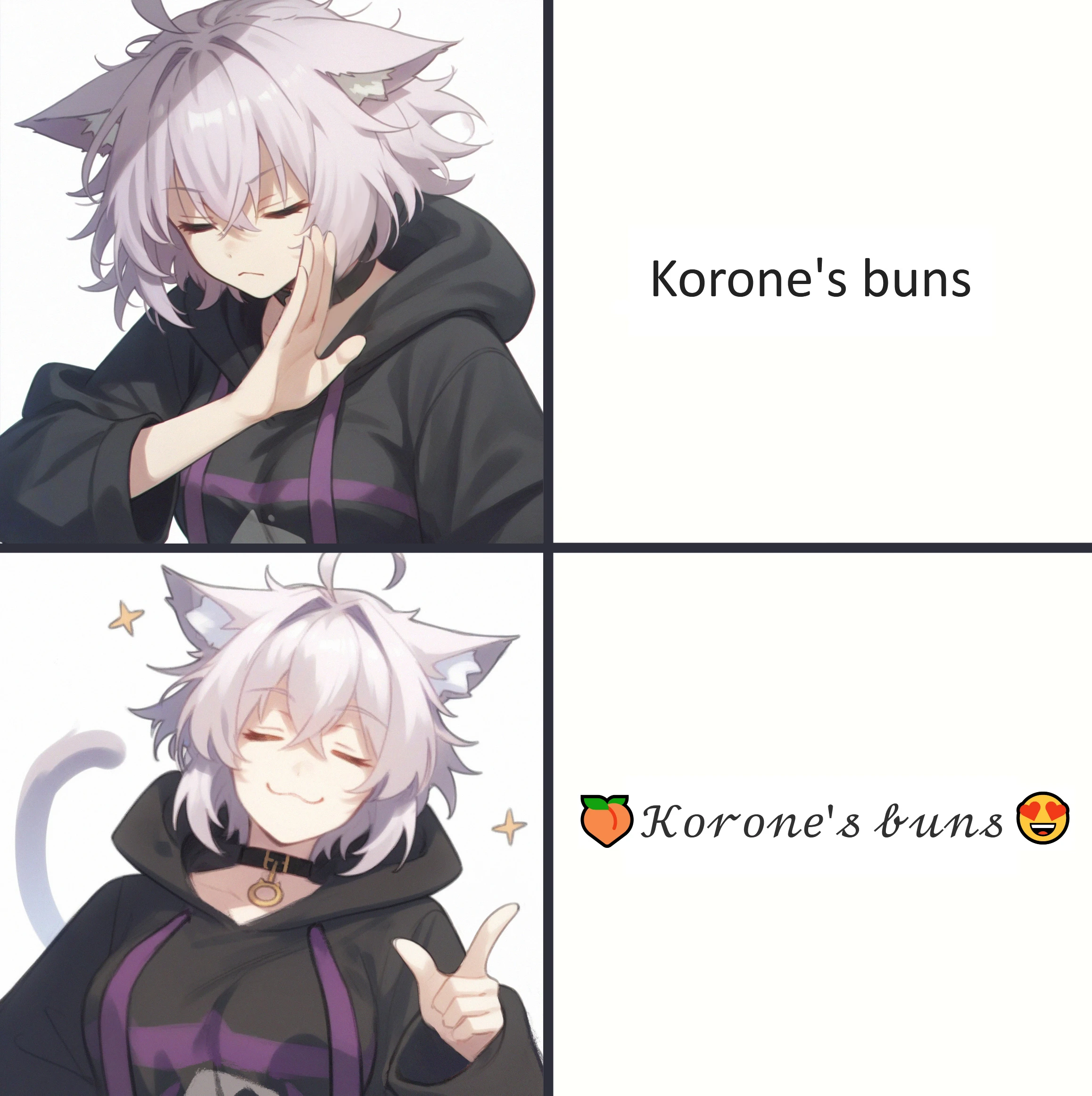 <lora:drakeposting_v01_ponyDiffusionV6XL-14:0.8>, score_9, score_8_up, score_7_up, drakeposting-yes, 1girl, upper body, closed eyes, smile, index finger raised, nekomata okayu, ahoge, black collar, cat girl, cat ears, black hoodie, medium breasts, closed eyes, closed mouth, white background, messy hair, short hair, light purple hair,