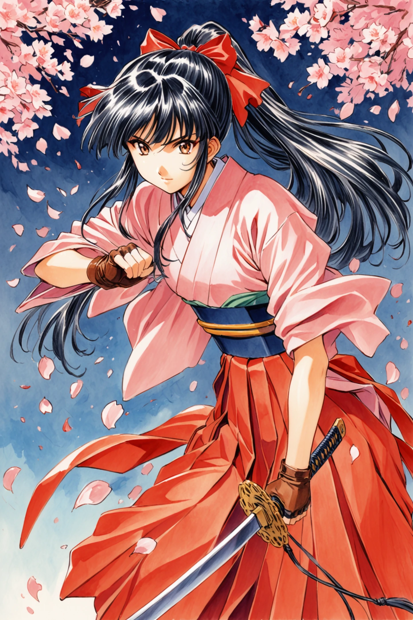 Shinguji Sakura,1girl,weapon,solo,sword,japanese clothes,bow,black hair,red bow,long hair,brown eyes,gloves,petals,fingerless gloves,cherry blossoms,katana,hair bow,ponytail,kimono,hakama,hakama skirt,holding sword,traditional media,<lora:Sakura Wars_XL_V2.1:0.8>,