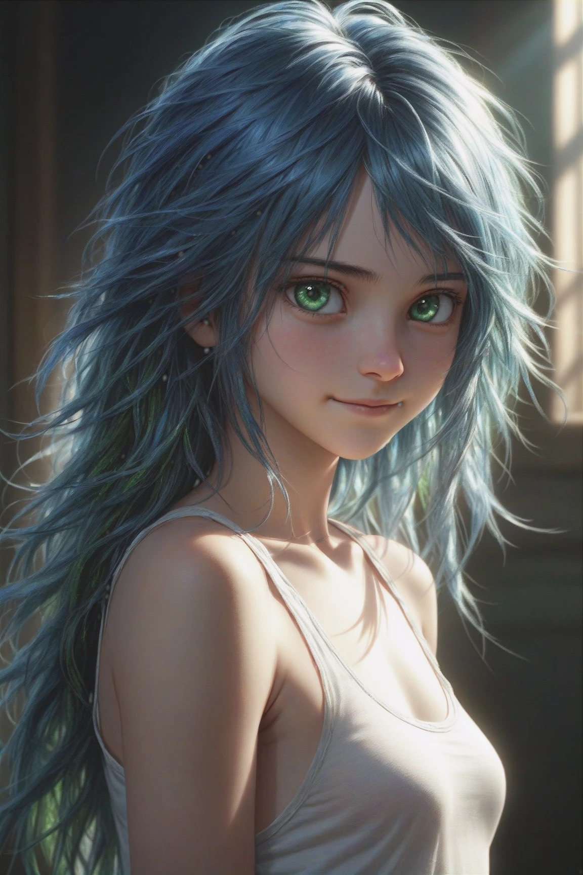 a beautiful blue haired girl, long messy hair, beautiful detailed deep green eyes, shy smile, small breasts, white tank top, upper body view, ultra realistic, colorful,
(masterpiece:1.2), (best quality:1.2), ultra-detailed, best shadow, detailed background, high contrast, (best illumination, an extremely delicate and beautiful), ((cinematic light)), hyper detail, dramatic light, intricate details, 8k, very aesthetic, ((realistic)),