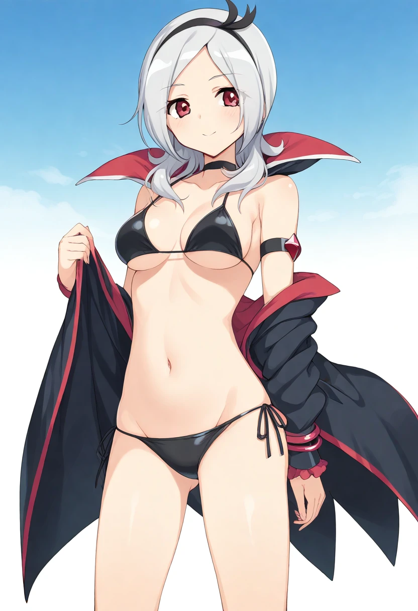 limbs, girl, solo, 18 years old, short, model, red eyes, navel, black bikini, micro bikini laces, beautiful breasts, cat ears, blush, (pale skin: 1.1), slim, wet body shiny