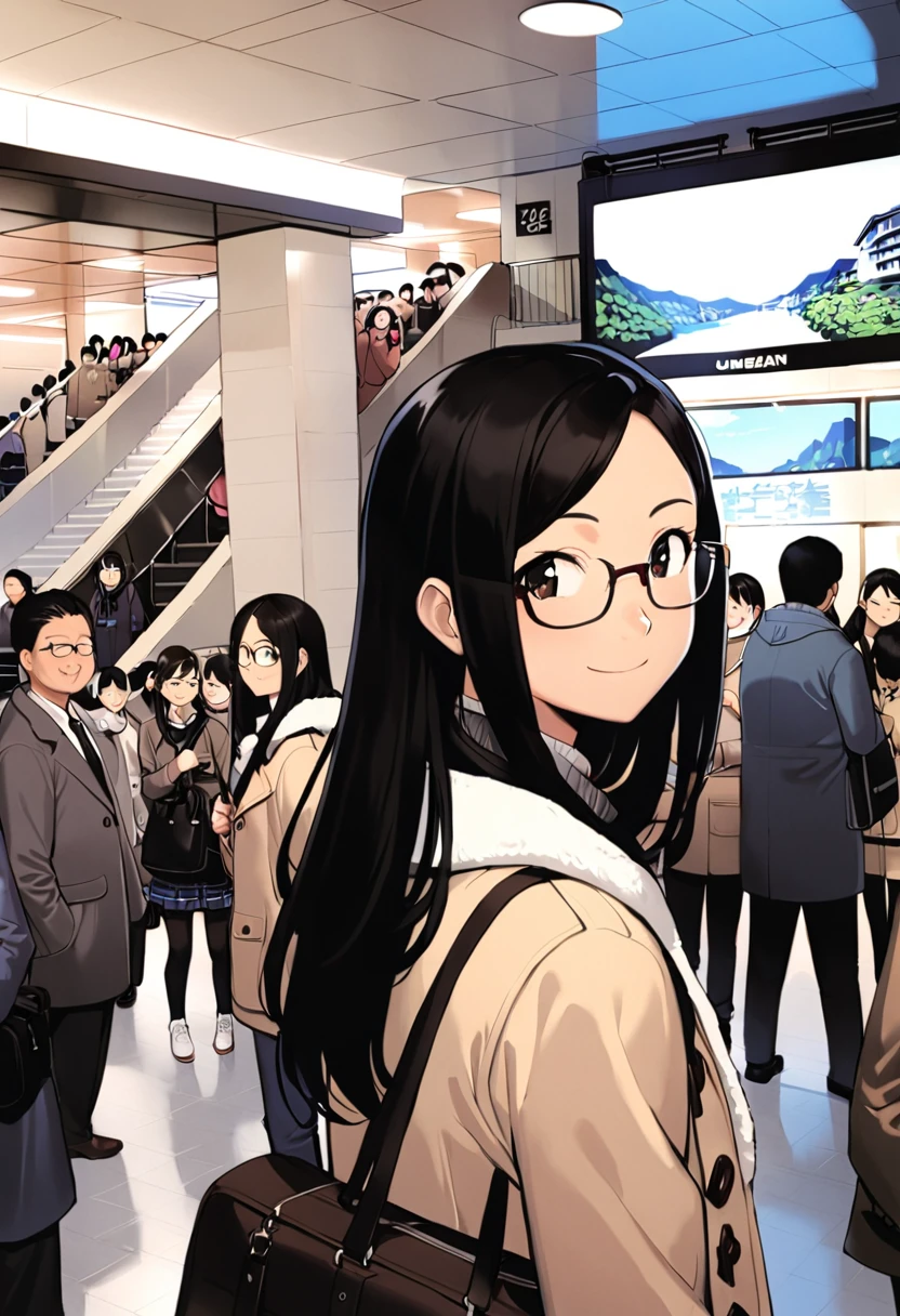 1girl, solo, glasses, black hair, long hair, duffle coat, black bag, smile, looking at viewer, solo focus,
umedabm, scenery, multiple girls, bag, crowd, 6+girls, multiple boys, black hair, real world location, long hair, 6+boys, indoors, ceiling, ceiling light
masterpiece, best quality, 
<lora:col_xl:0.6> <lora:umeda_bigman_SDXL_V1:1>