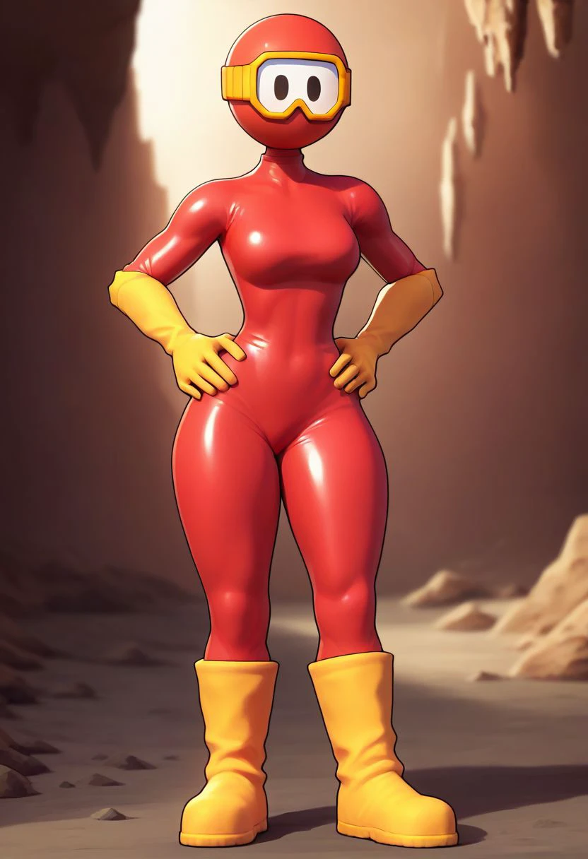 score_9, score_8_up, score_7_up, score_6_up, score_5_up, score_4_up, pooka, pooka, red body suit, yellow ski googles, yellow elbow gloves, yellow kneehigh boots 1girl, woman, female, solo, breasts, latex, skin tight, from front, white visor, cartoon eyes, pooka, hands on hips, round head, cave tunnel,