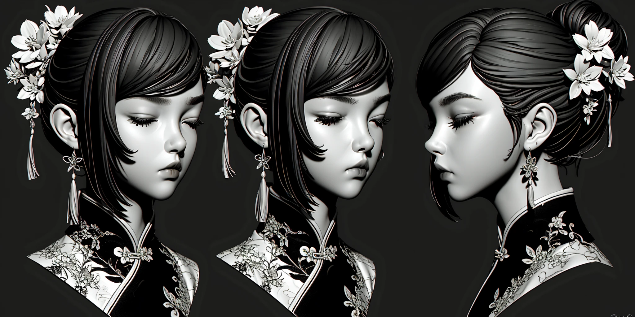 monochrome, HEZI, Three views, modeling, Hair, girl, avatar, 1girl, greyscale, earrings, jewelry, multiple views, hair ornament, mole, mole under eye, chinese clothes, grey background, closed mouth, bangs, realistic, hair bun, half-closed eyes, floral print, single hair bun, hair flower, braid, sidelocks, flower, portrait, simple background, profile, short hair, china dress, nose, updo, black background, closed eyes, lips, swept bangs, frown, dress, looking at viewer, tassel, artist name, cropped shoulders, eyelashes, from side, hair behind ear, upper body,<lora:建模头åä¸è§å¾-000008:0.8>,