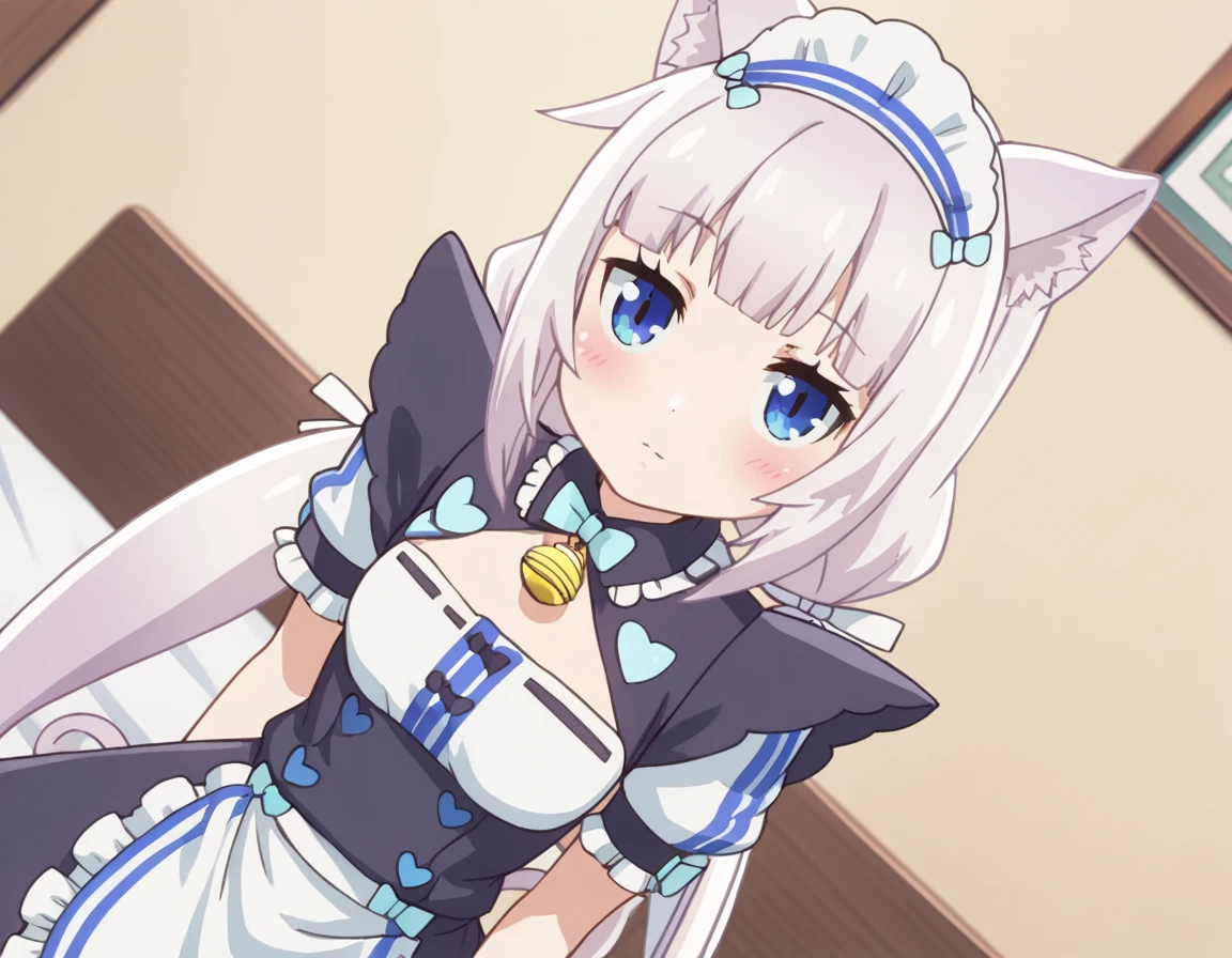 score_9, score_8_up, score_7_up, source_anime,
nekoparavanilla, <lora:nekopara-vanilla-s1-ponyxl-lora-nochekaiser:1>,
vanilla, long hair, bangs, blue eyes, animal ears, twintails, very long hair, white hair, cat ears, blunt bangs, animal ear fluff, low twintails, cat girl,
dress, bow, tail, short sleeves, frills, bowtie, apron, cat tail, maid, maid headdress, bell, cat girl, waist apron, jingle bell, neck bell, waitress,
indoors, bed, bed room, on side, blush, drunk,
looking at viewer, solo, cowboy shot, dutch angle,