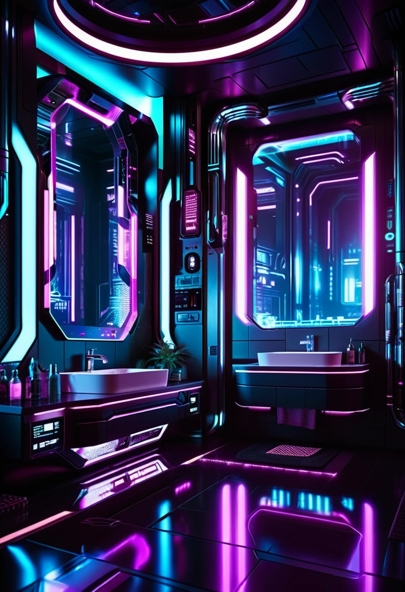 cinematic photo Cyberpunk Environments, interiors, futuristic interior design, home, bathroom, 35mm photograph, film, bokeh, professional, 4k, highly detailed,