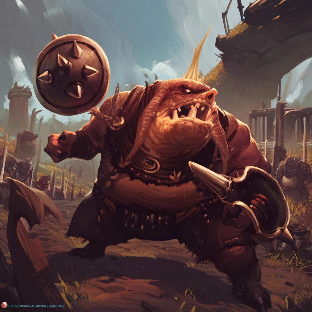 score_9, score_8_up, score_7_up, score_6_up, score_5_up, score_4_up, rpg illustration of a seeq fighter swinging a giant mace while holding a shield, on a battlefield background