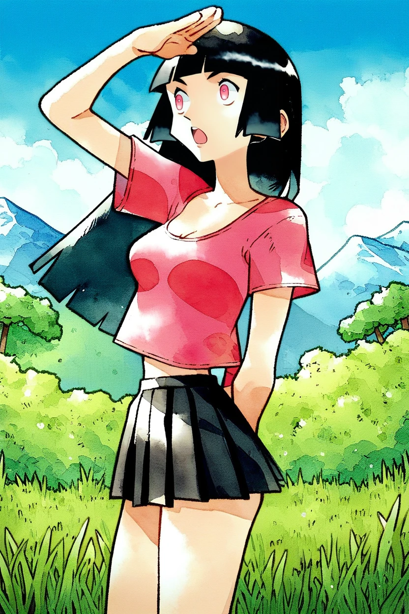 score_9, score_8_up, score_7_up, score_6_up, score_5_up, score_4_up, ken sugimori,watercolor \(medium\), outdoors, grass, tree,blue sky,plateau,mountain,1girl,solo,cowboy shot, black hair, long hair, blunt bangs,pink eyes, pink t-shirt, crop top, black pleated skirt,cleavage,medium breasts,looking afar, looking to the side,shading eyes,salute,:o, open mouth, surprised,thighs, arm behind back,short sleeves, arm up,(covering own eyes:0.8),black skirt,(from side:0.9), <lora:KenSugimoriPony:1>