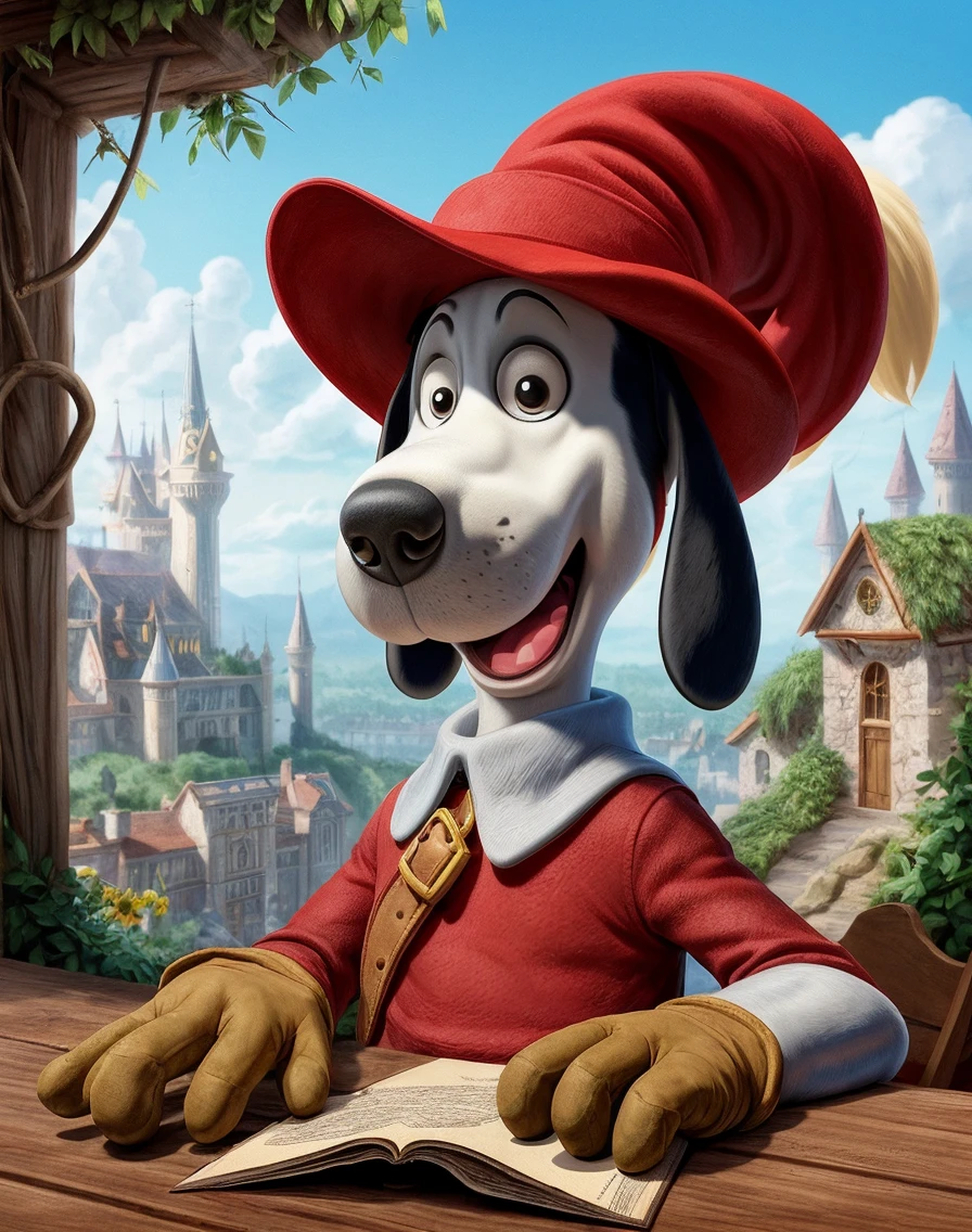 , cartoon,  <lora:quiron_Dogtanian_v3_Lora:0.77> dogtanianquiron, dogtanian, 1boy, gloves, red hat, magical, fantastical, enchanting, storybook style,