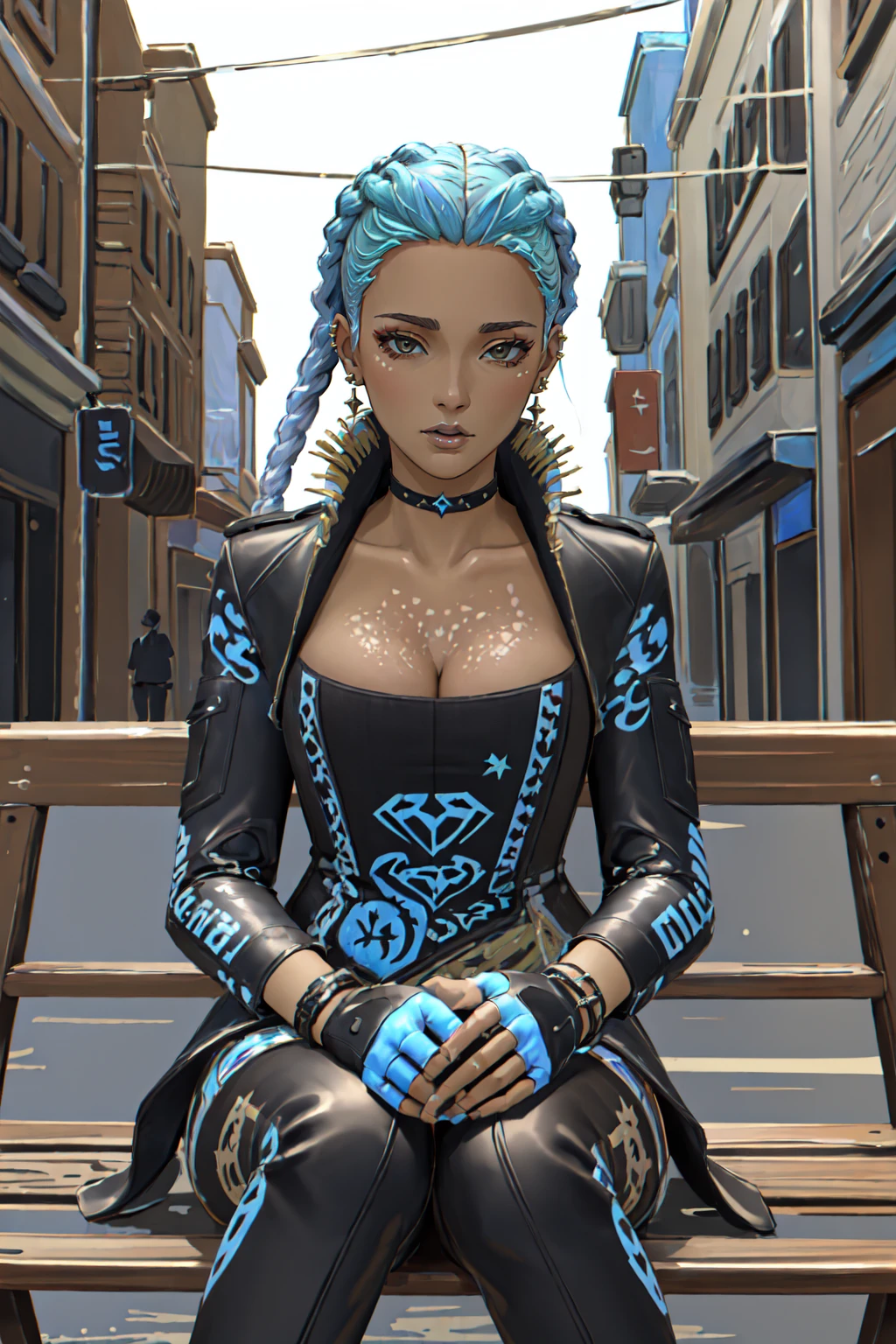 (Masterpiece:1.4), (high quality:1.2), (best quality:1.2), <lora:Loba_Black_Diamond_cosFINAL:0.5>, 1girl, solo, almazik, fingerless gloves, corset, cropped jacket, aqua hair, twin braids, high heel boots, jewelry, black bodysuit, black footwear, piercing, earrings, eyeshadow, makeup, cleavage, brown eyes, black choker, sitting street bench