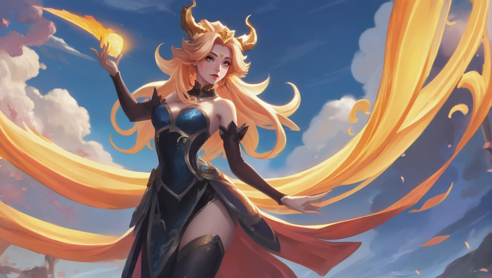 anime digital painting, 1girl, woman, mediumaquamarine Snapdragon nymph, see-through gossamer, ;q, bombshell hair, blonde hair, Spiral Curls, darkred clothes, slim figure, narrow waist, tight ass, medium breasts, korean, golden hour, blue sky, clouds, scenery, "at the Otherworldly Passage"<lora:EnvyStarlightMoba01:1><lora:EnvyBetterHiresFixXL01:0:hr=1>