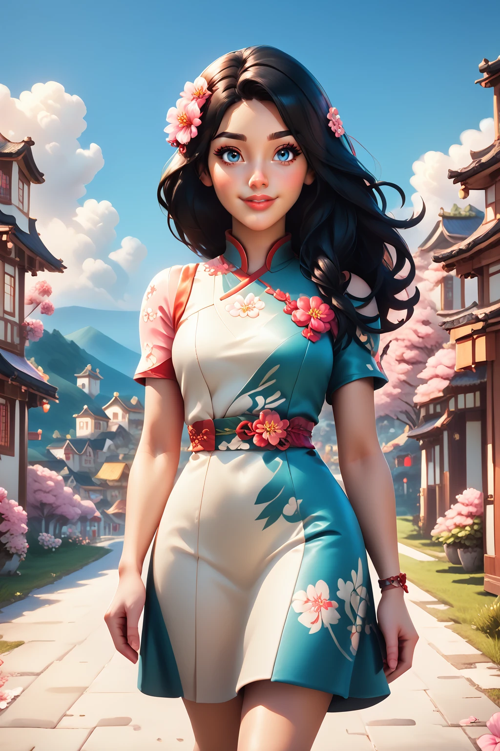 score_9, score_8_up, score_7_up, masterpiece, high quality
 <lora:RubyRemedyToxinPonyLora:0.8>Remedy, black long hair, summer dress, walking in a small village in italy, clouds, dog running, sundown, cherry blossoms, cute smile, portrait, flowers in hair
<lora:3D_Animation_Diffusion_Pony_style:0.8> solo, lips, blue eyes