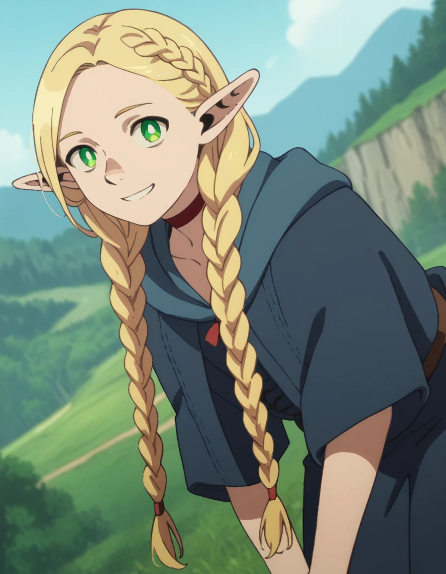 score_9, score_8_up, score_7_up, source_anime,
marcilledonato, <lora:marcille-donato-s1-ponyxl-lora-nochekaiser:1>,
marcille donato, long hair, blonde hair, green eyes, braid, pointy ears, twin braids, elf, bright pupils, parted bangs,
choker, robe, red choker,
outdoors, landscape, bent over, smile,
looking at viewer, solo, cowboy shot, dutch angle,