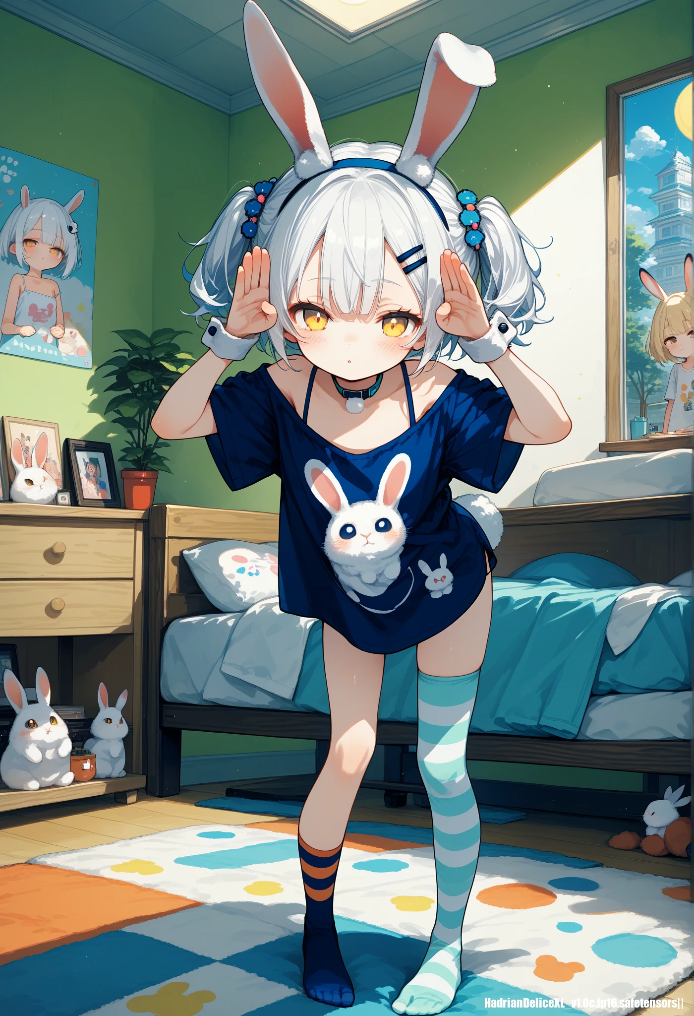 (score_10,score_9_up,score_8_up), ,, hadrian,1 cute girl,full body, apartment,room,messy room,anime poster,white hair,Headbands,yellow eyes,oversized t-shirt,choker,short twintails,hair ornament,asymmetrical legwear,flat chest,blush,fur cuffs, downblouse,bent over,striped legwear,multicolored legwear,alluring eyes,half-closed eyes,seiza,rabbit ears,rabbit pose,bunny pose,bunny print,looking at viewer,rabbit paint,poster,strap camisole inside,no shoes