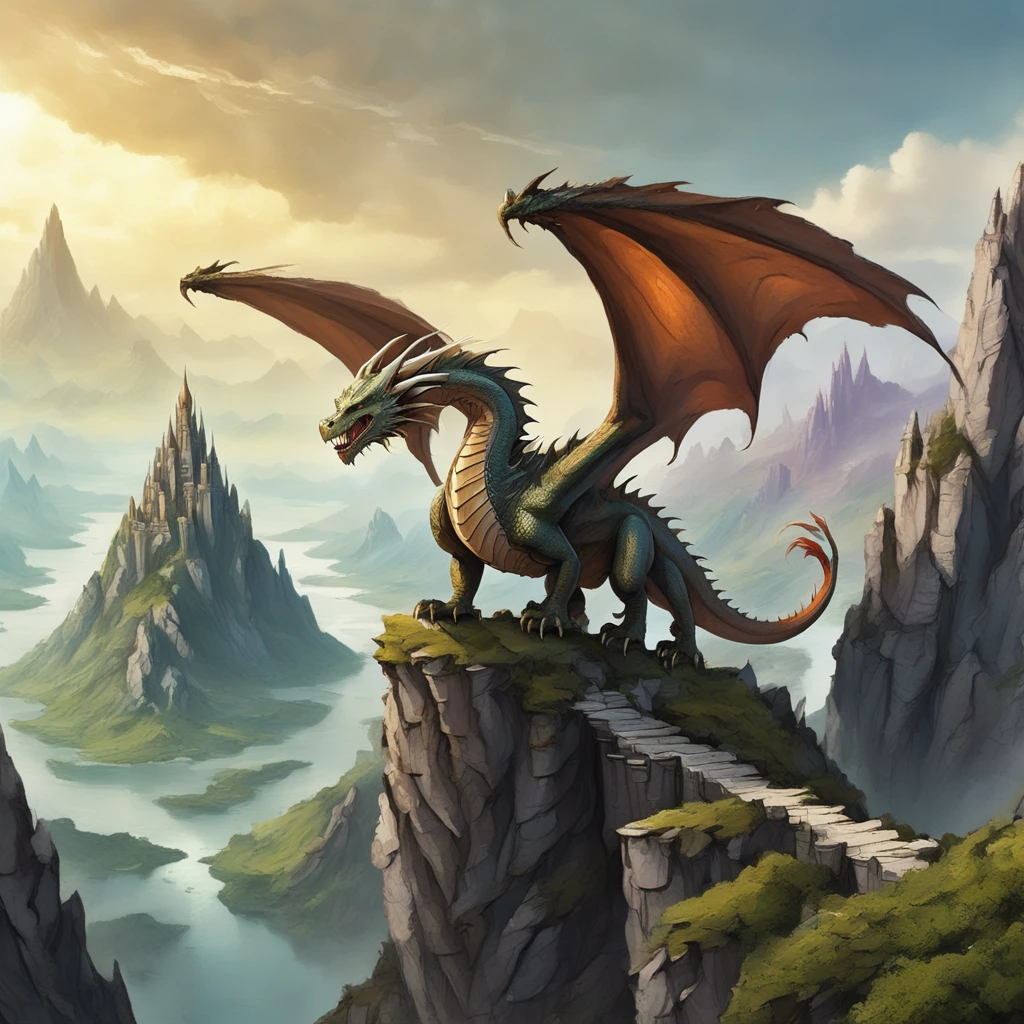 Dragon, solo, perched on a craggy mountain peak, sprawling fantasy landscape with distant castles and floating islands background, facing forward, cinematic, powerful, awe-inspiring.