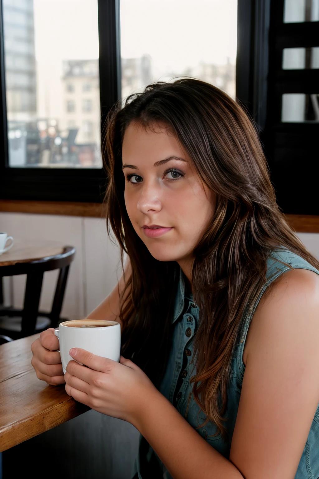 <lora:Kailyn:1>, full color portrait of a young woman, having a coffee in a vintage cafe, natural light, RAW photo, subject, 8k uhd, dslr, soft lighting, high quality, film grain, Fujifilm XT3